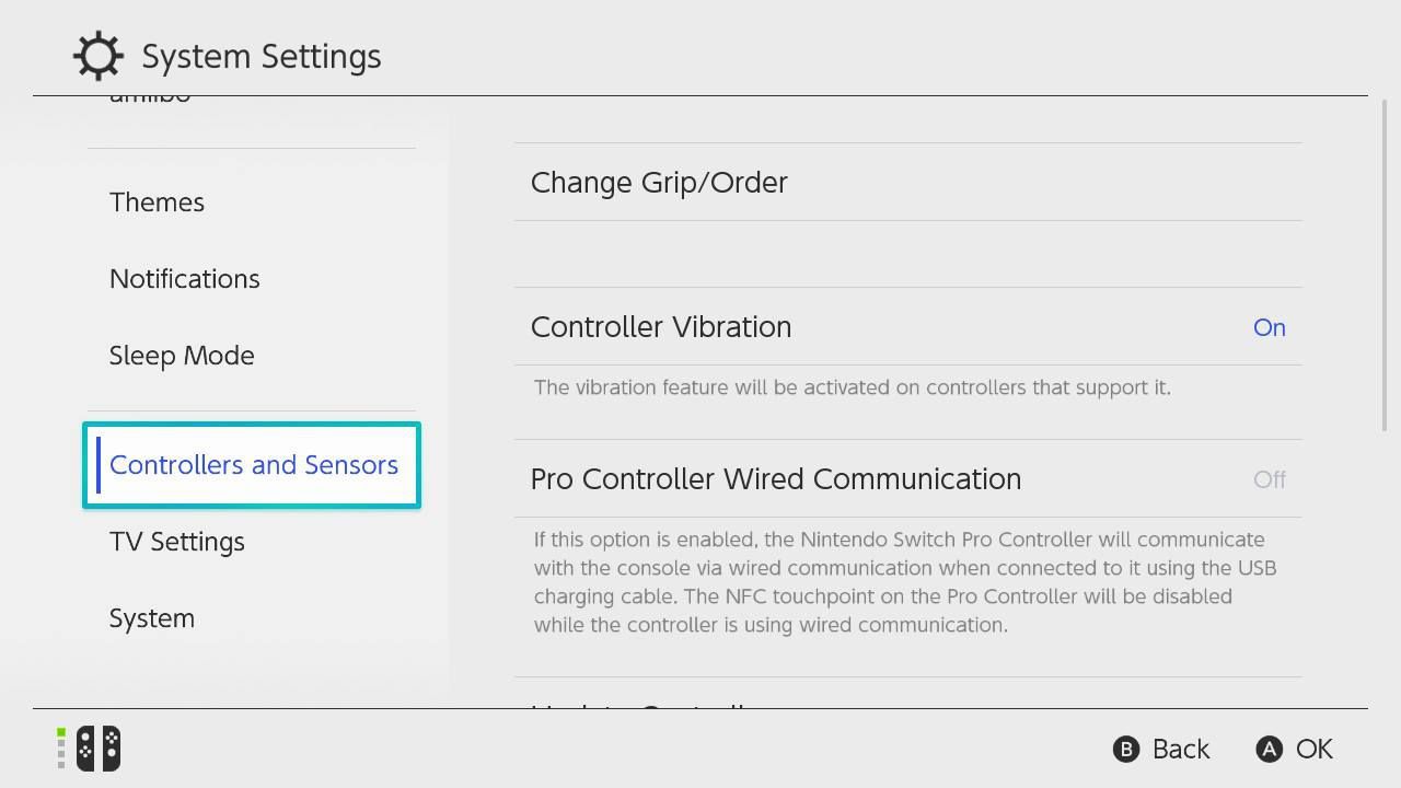 Выберите «Контроллеры и датчики», затем выберите Pro Controller Wired Communication, чтобы включить его.