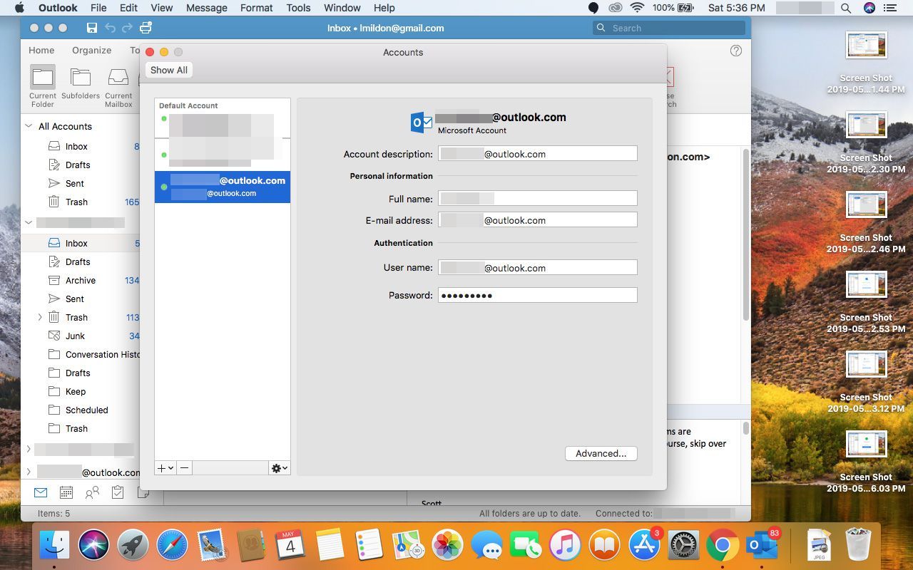 Недавно добавленная учетная запись Outlook.com в Outlook для Mac.