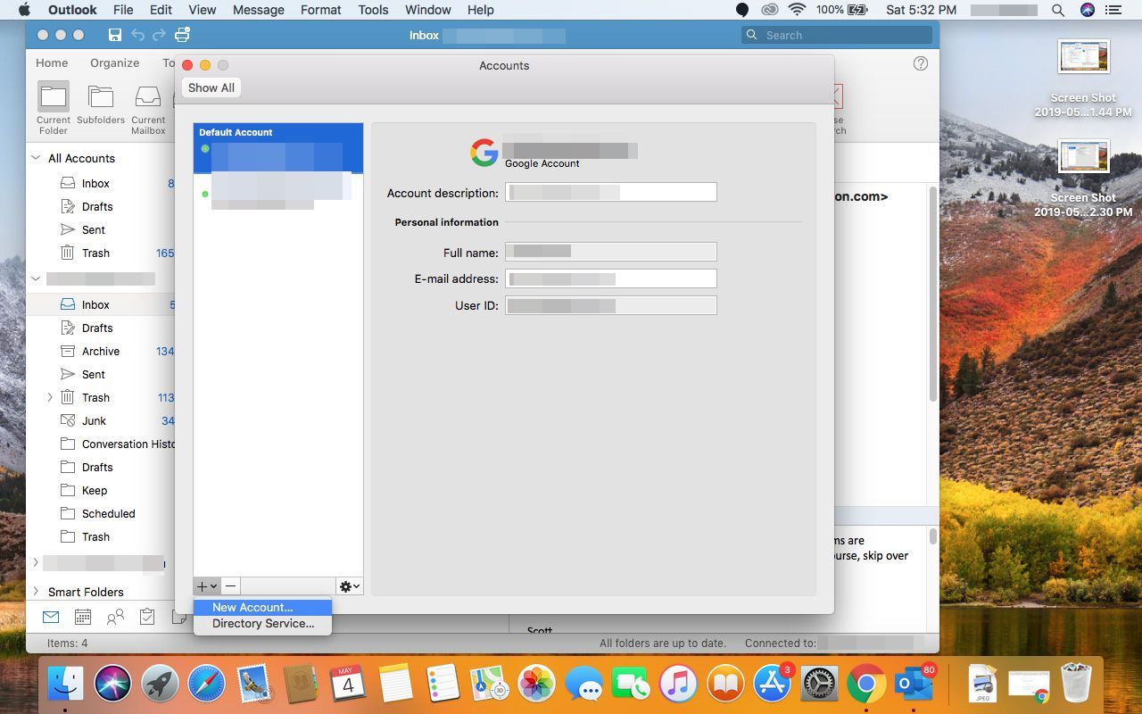 Выбор новой учетной записи в Outlook для Mac.