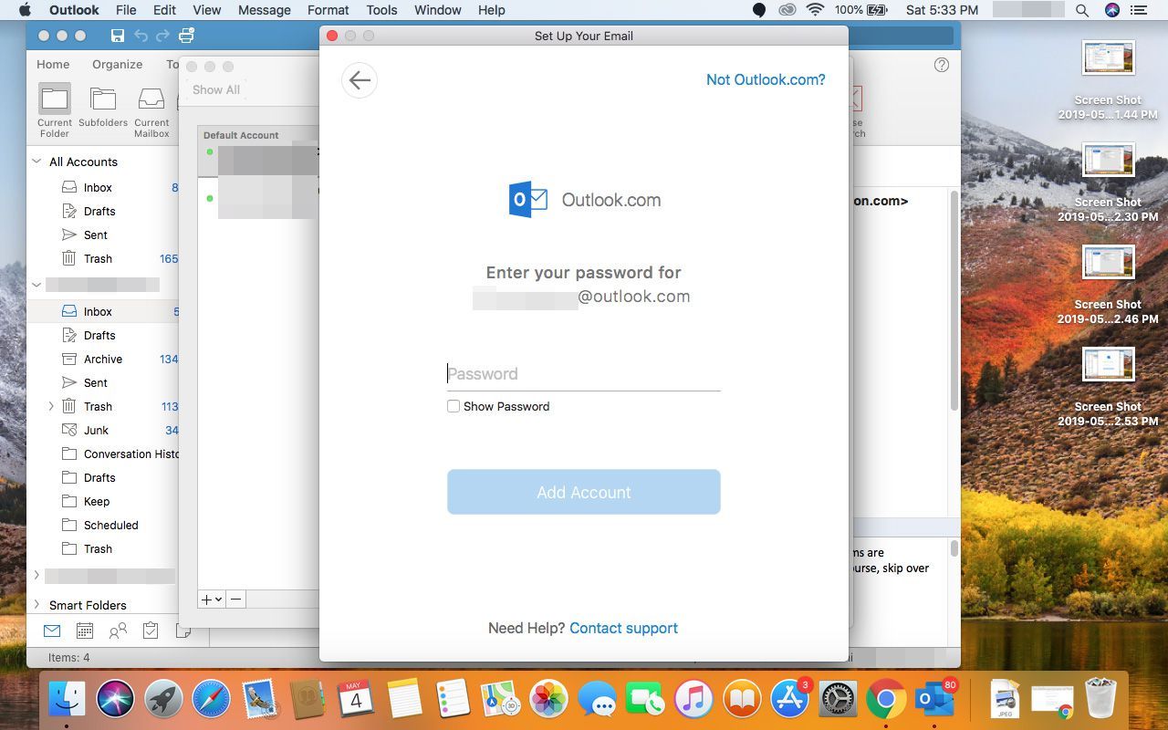 Ввод пароля Outlook.com в Outlook для Mac.