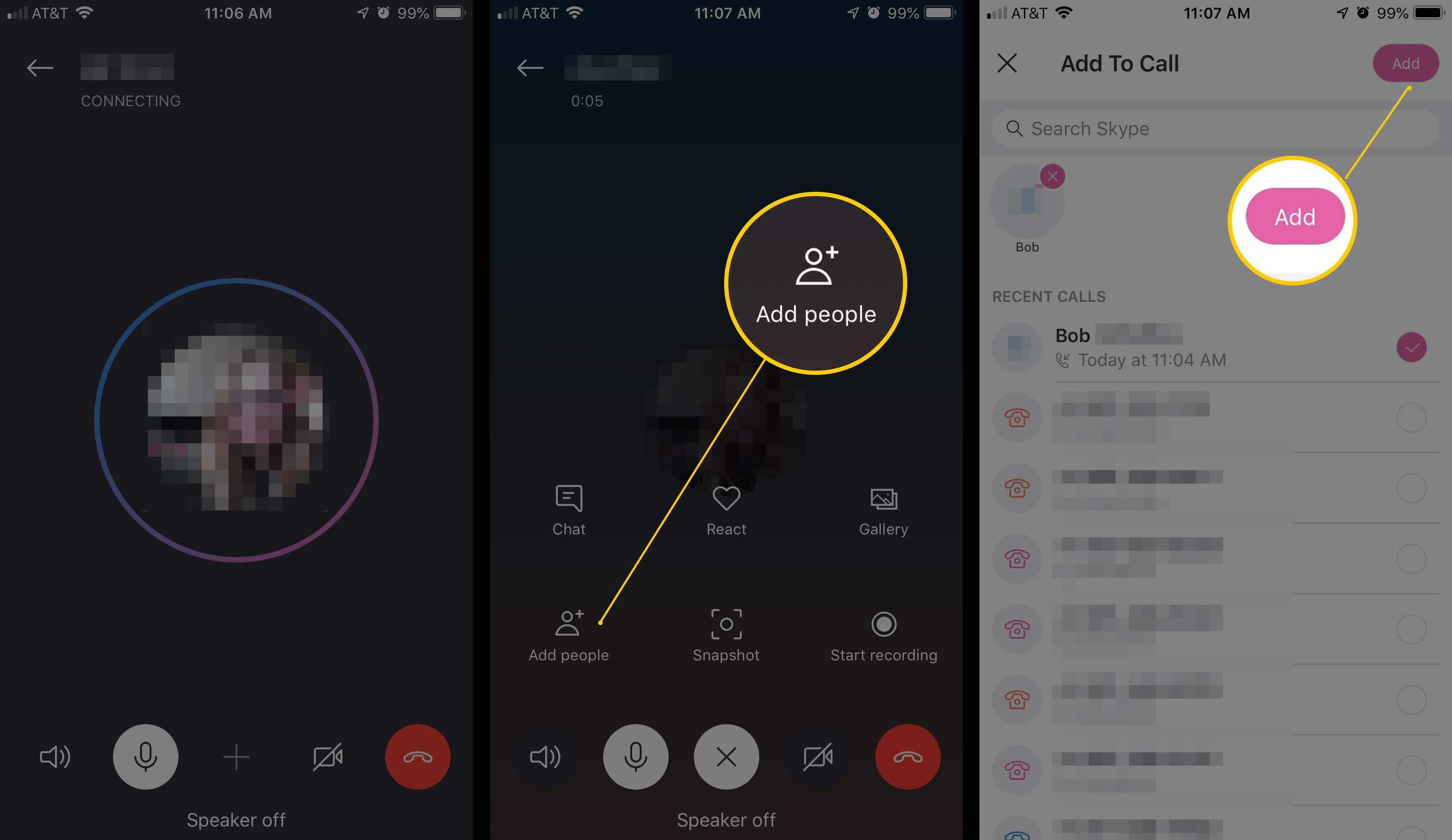 Три экрана iOS приложения Skype с кнопками «Добавить людей» и «Добавить»