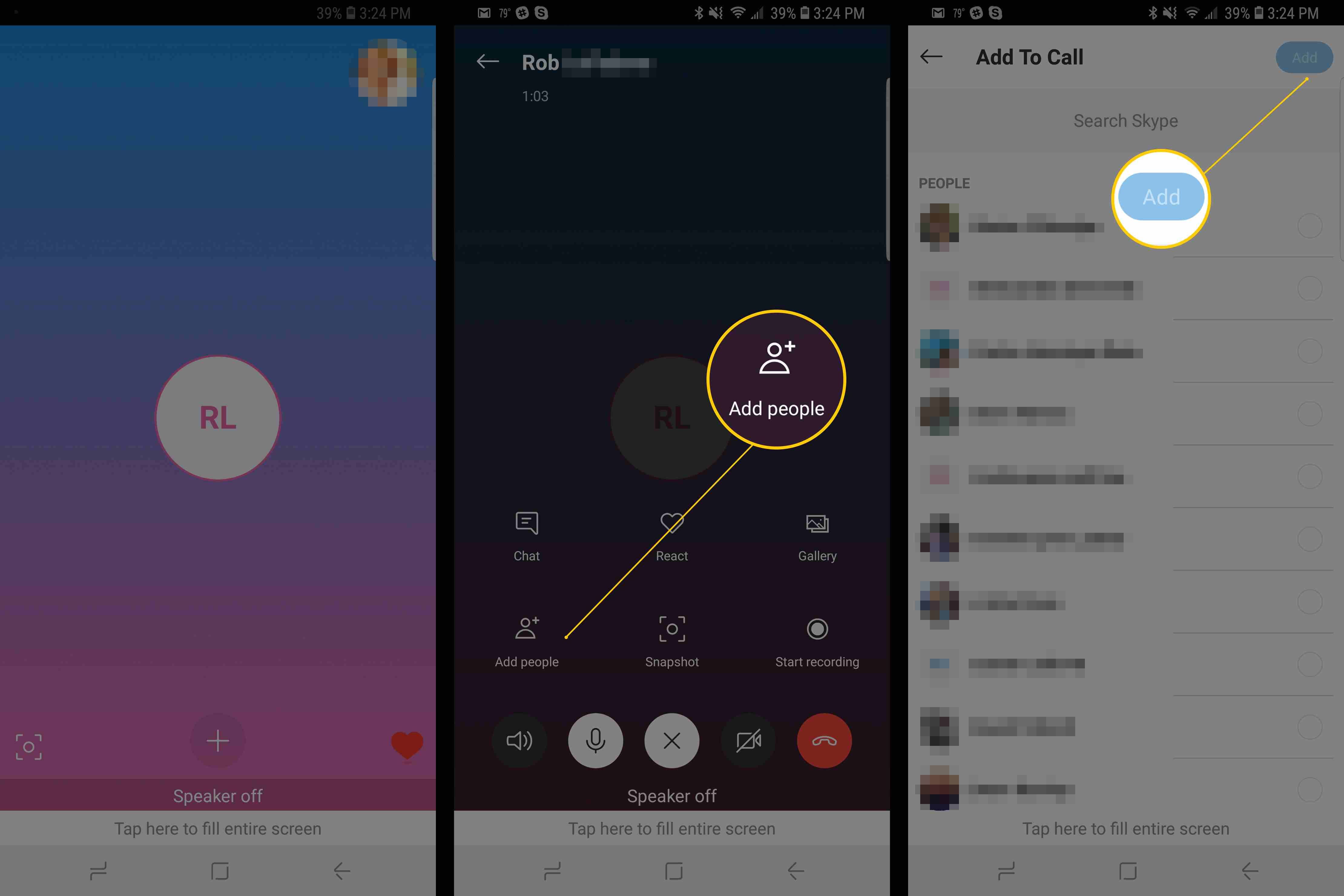 Три экрана Android, на которых отображаются звонки в Skype и кнопки добавления людей