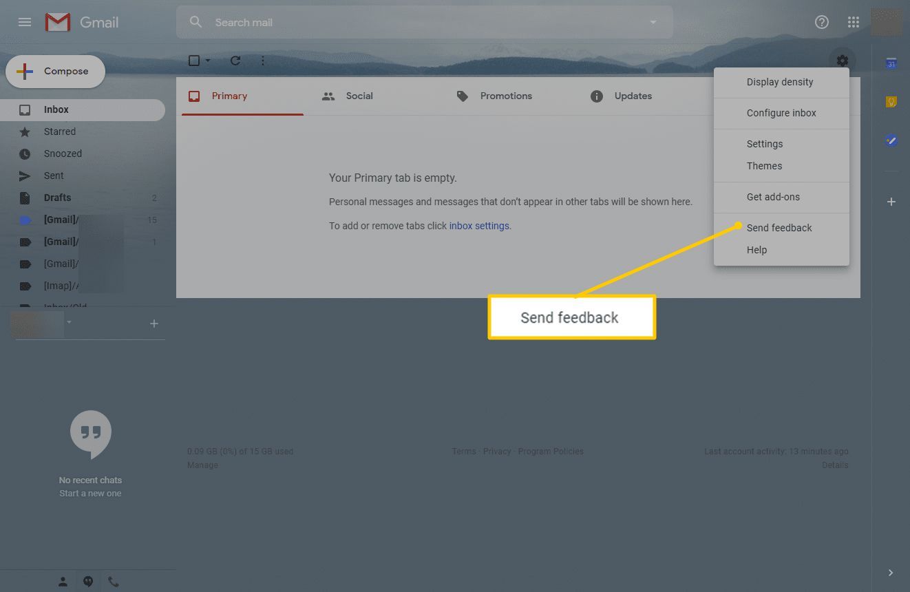 Кнопка отправки отзыва в настройках Gmail