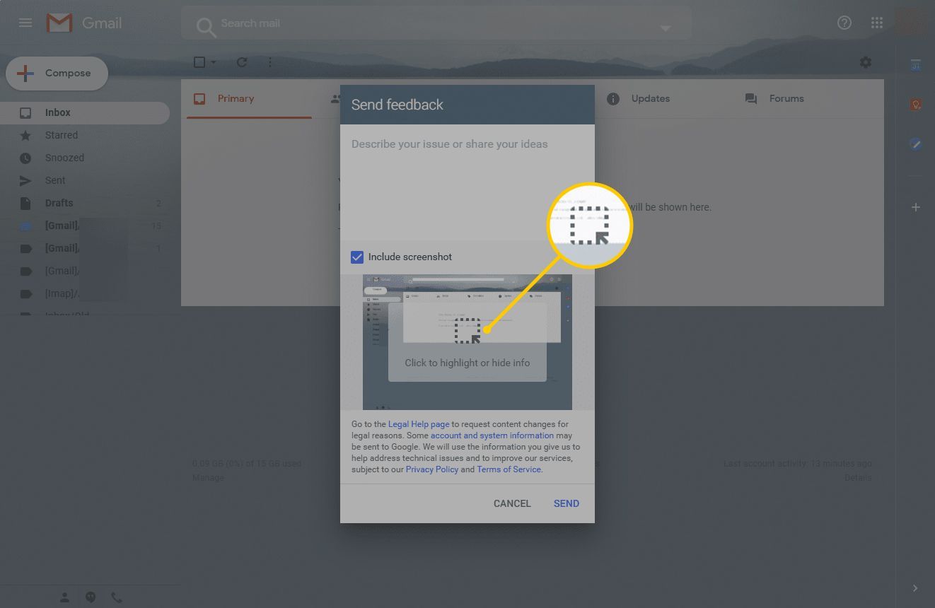Кнопка Изменить скриншот в обратной связи Gmail