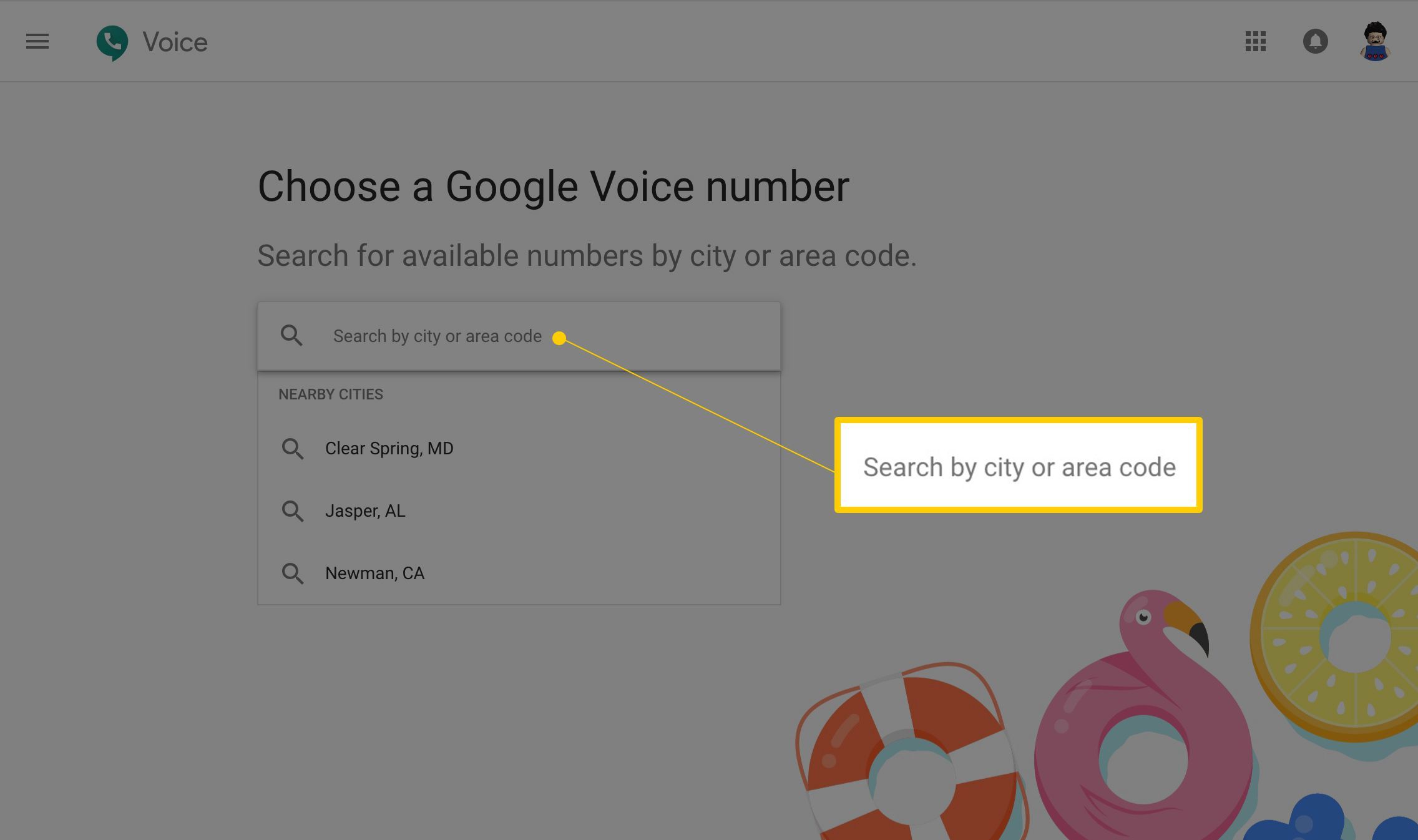 Поиск по городу или коду города на странице Google Voice