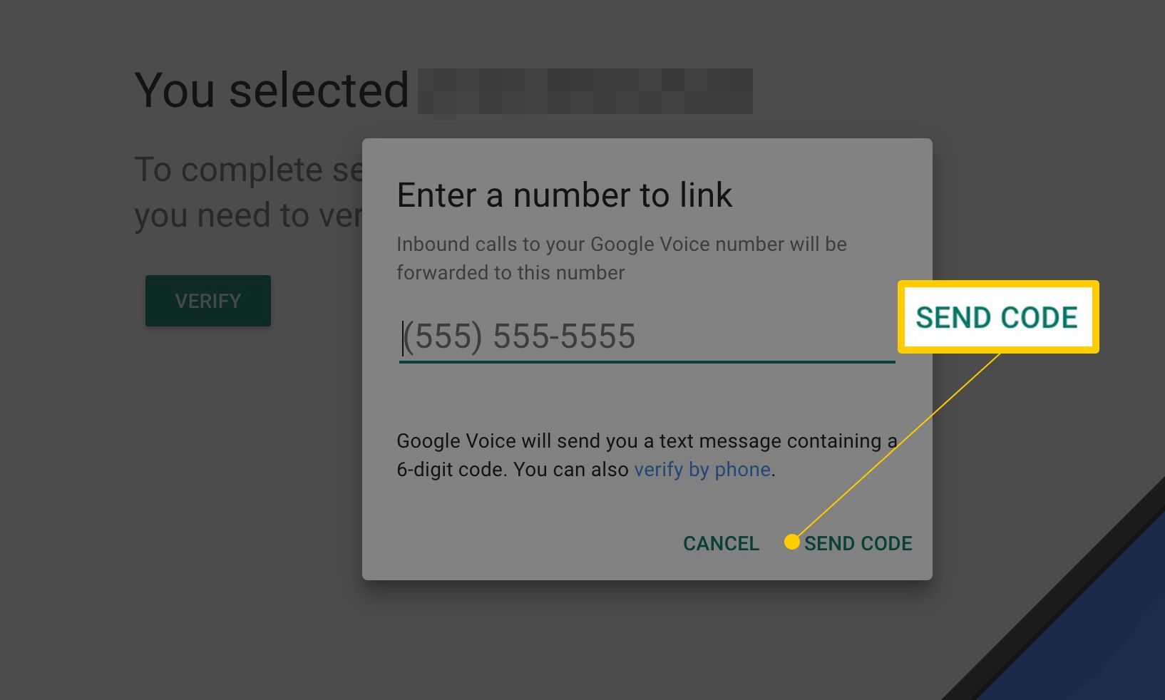 Кнопка «Отправить код» на страницах настроек Google Voice