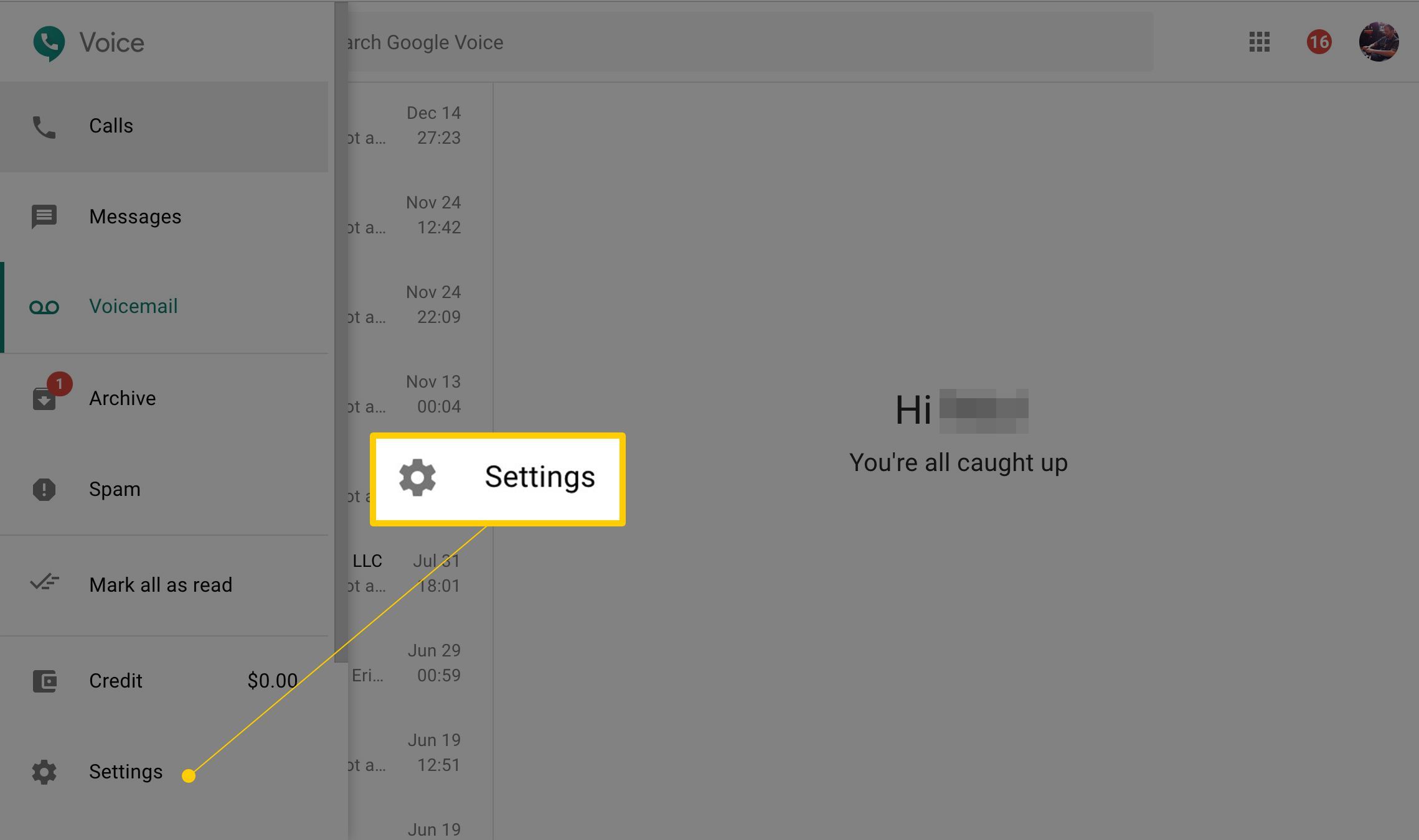 Настройки в меню Google Voice