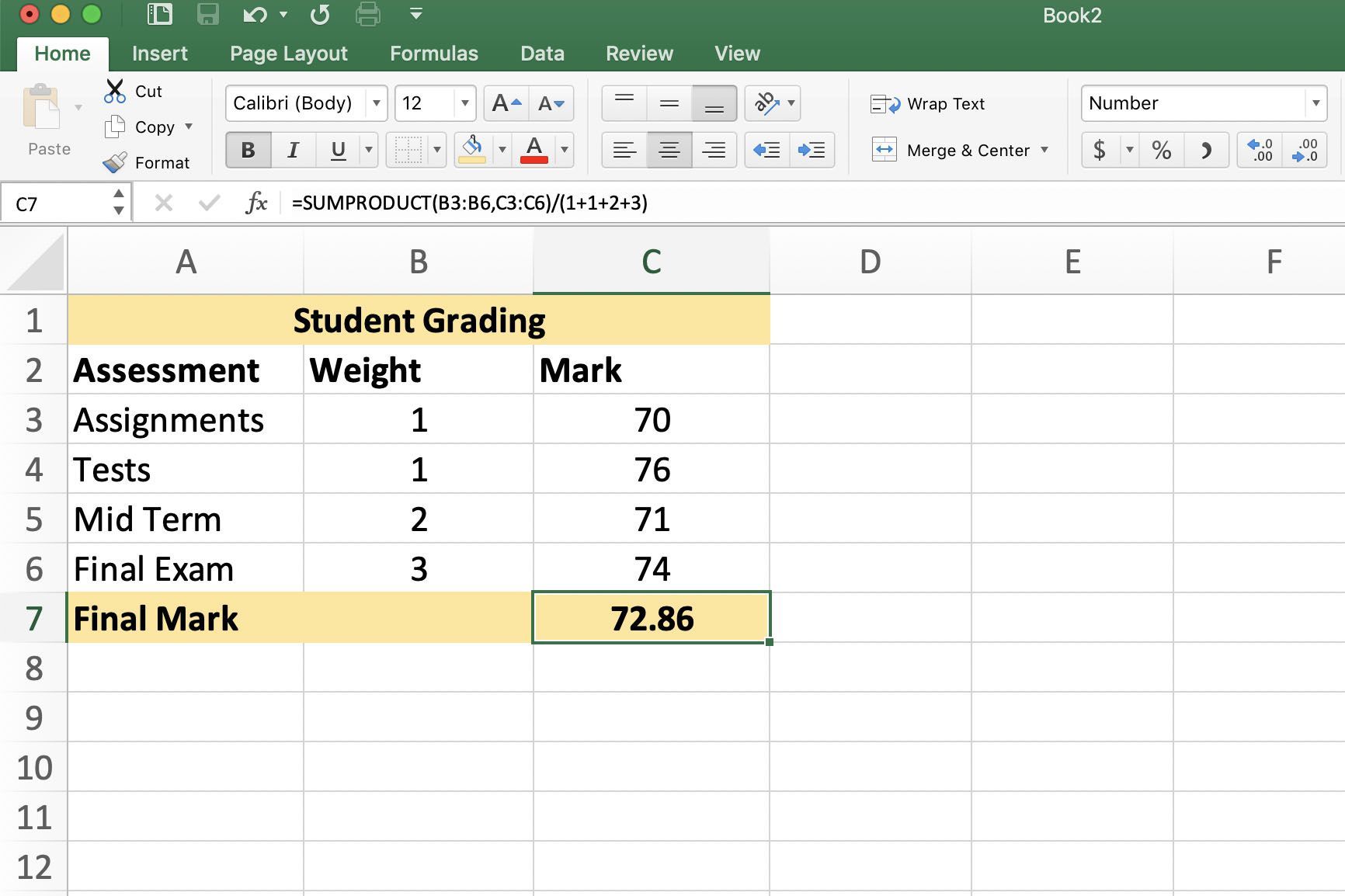 Снимок экрана Excel с примером взвешивания.