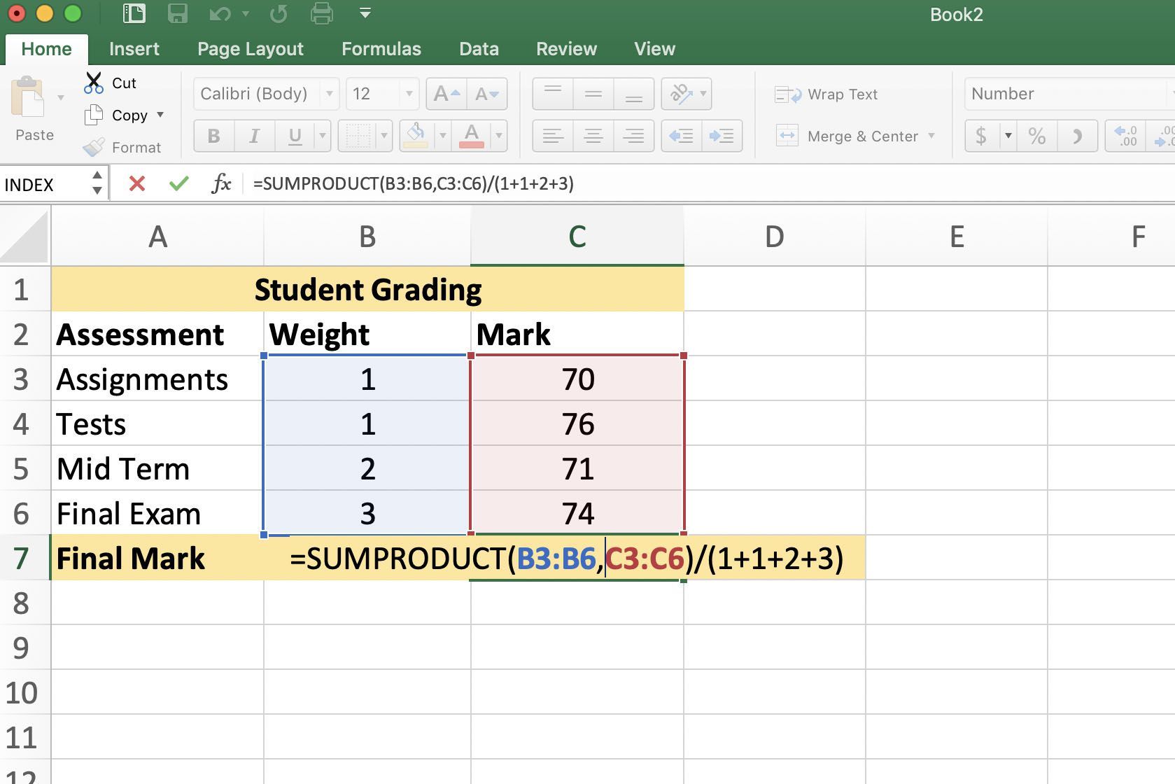 Снимок экрана Excel, показывающий используемую формулу SUMPRODUCT.