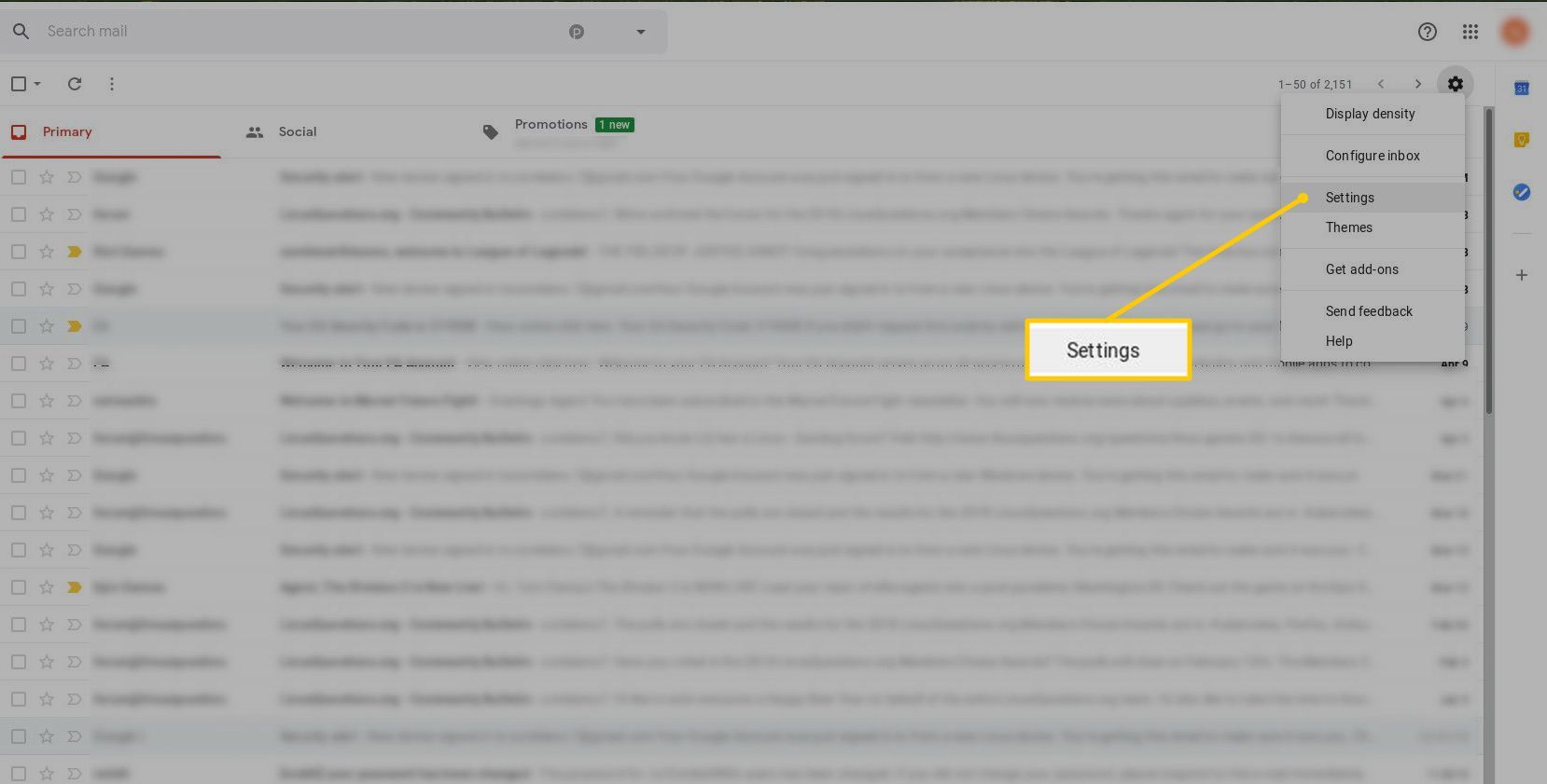 Кнопка настроек в меню значка шестеренки Gmail