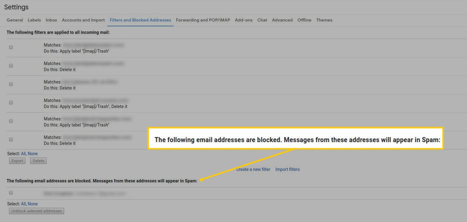 Следующие адреса электронной почты блокируют сообщения в фильтрах Gmail