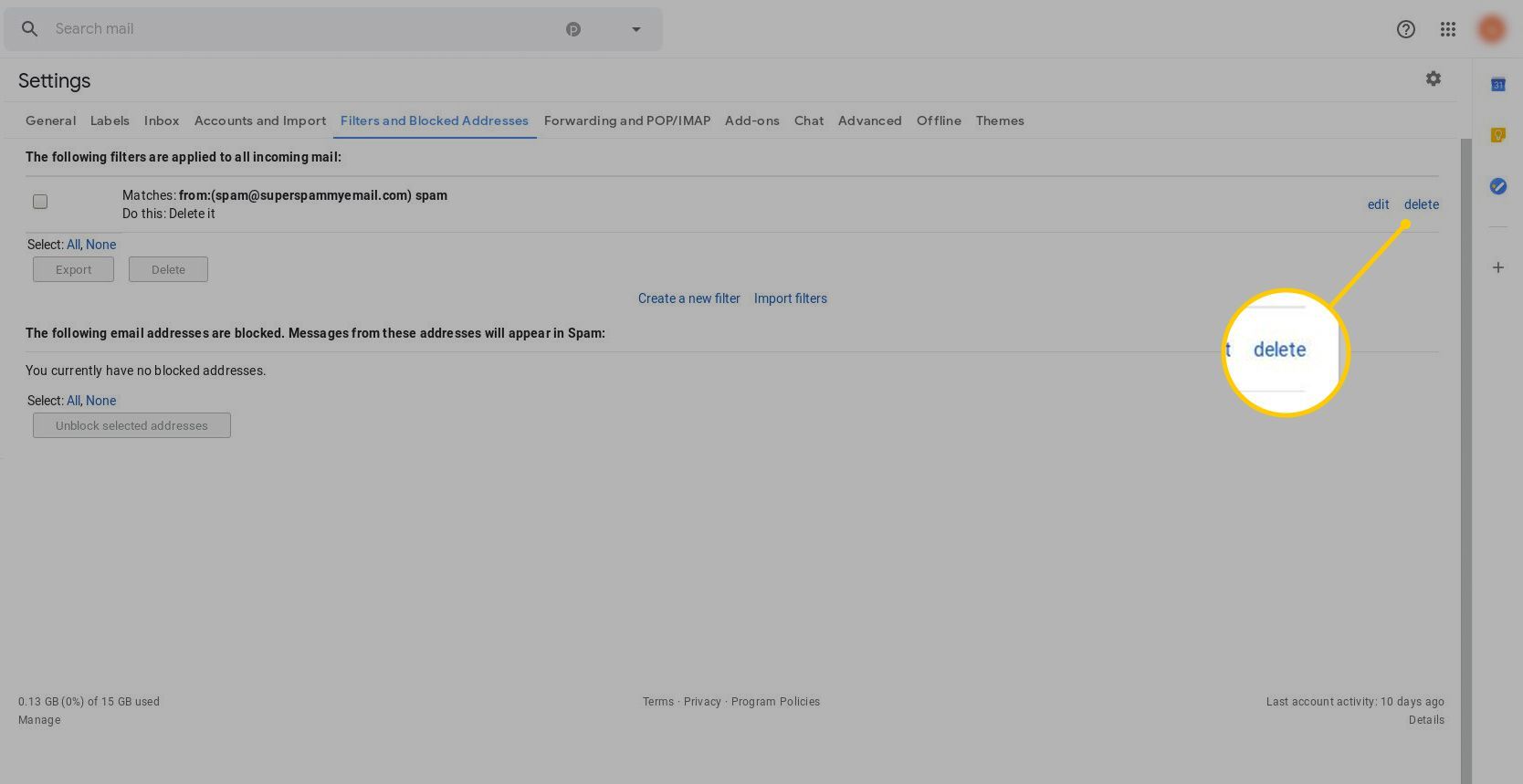 Кнопка «Удалить» в настройках фильтра Gmail