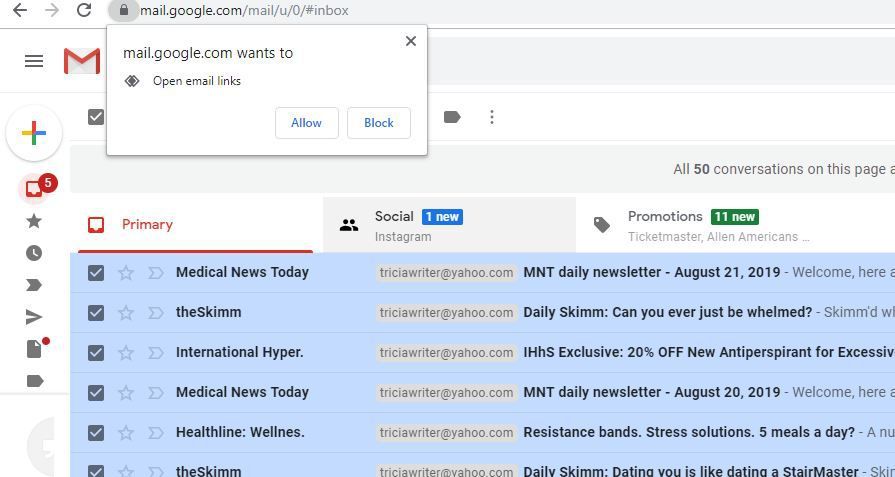 Снимок экрана запроса Gmail на открытие ссылок электронной почты