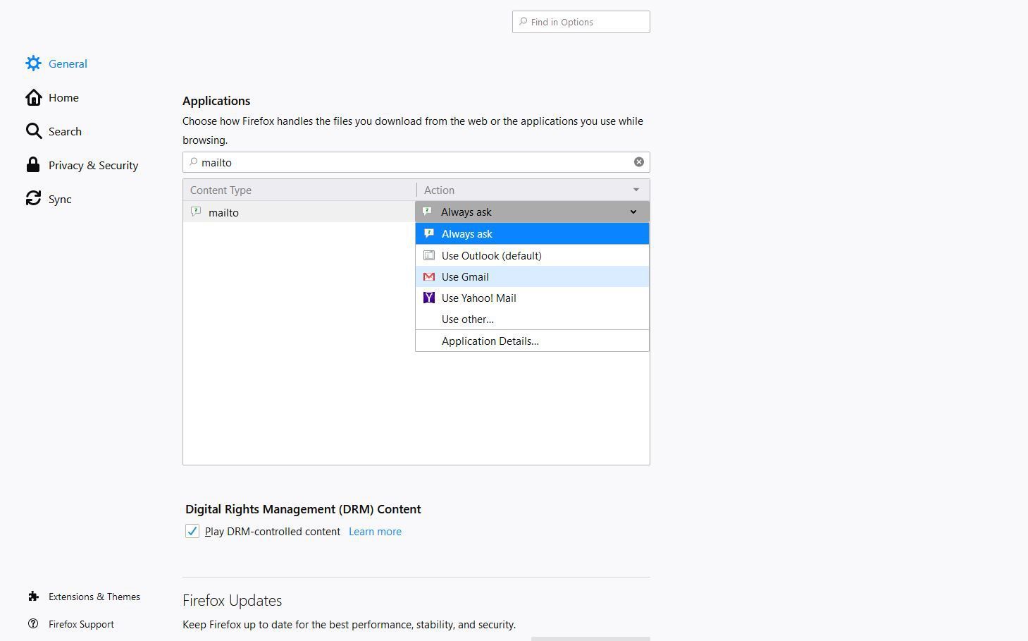 Снимок экрана: использование Gmail в списке действий в настройках Firefox