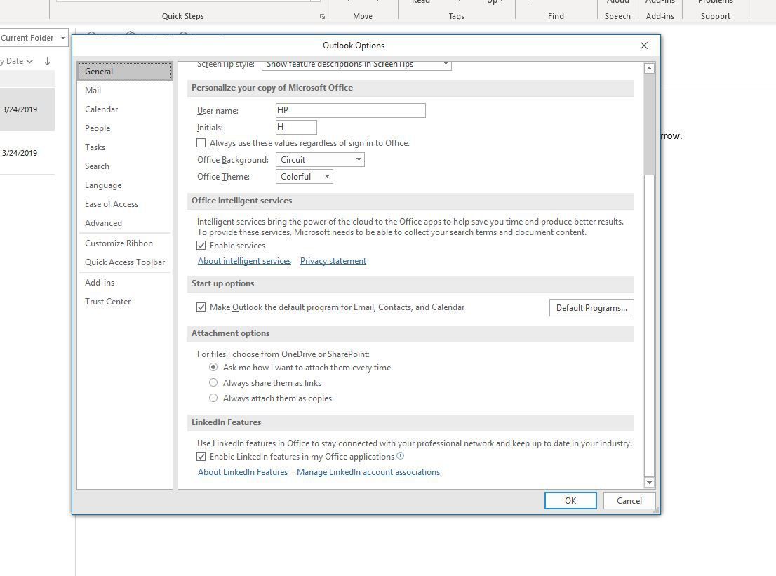 Снимок экрана, показывающий параметры запуска в Outlook