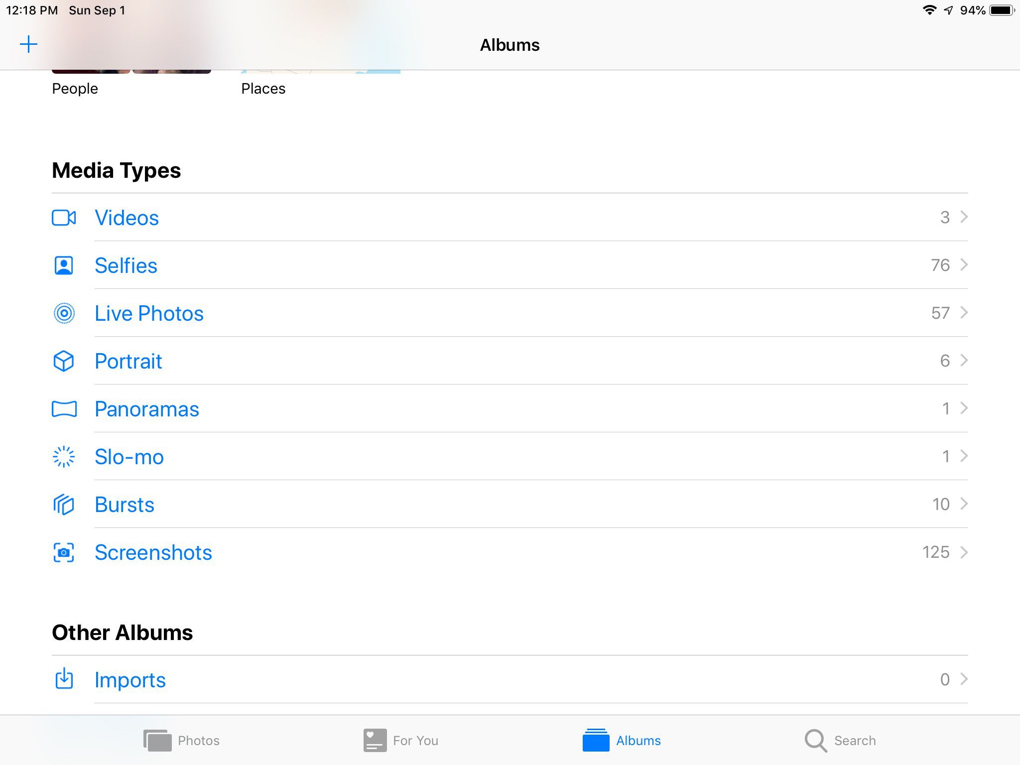 Расположение альбома Screenshots на iPad