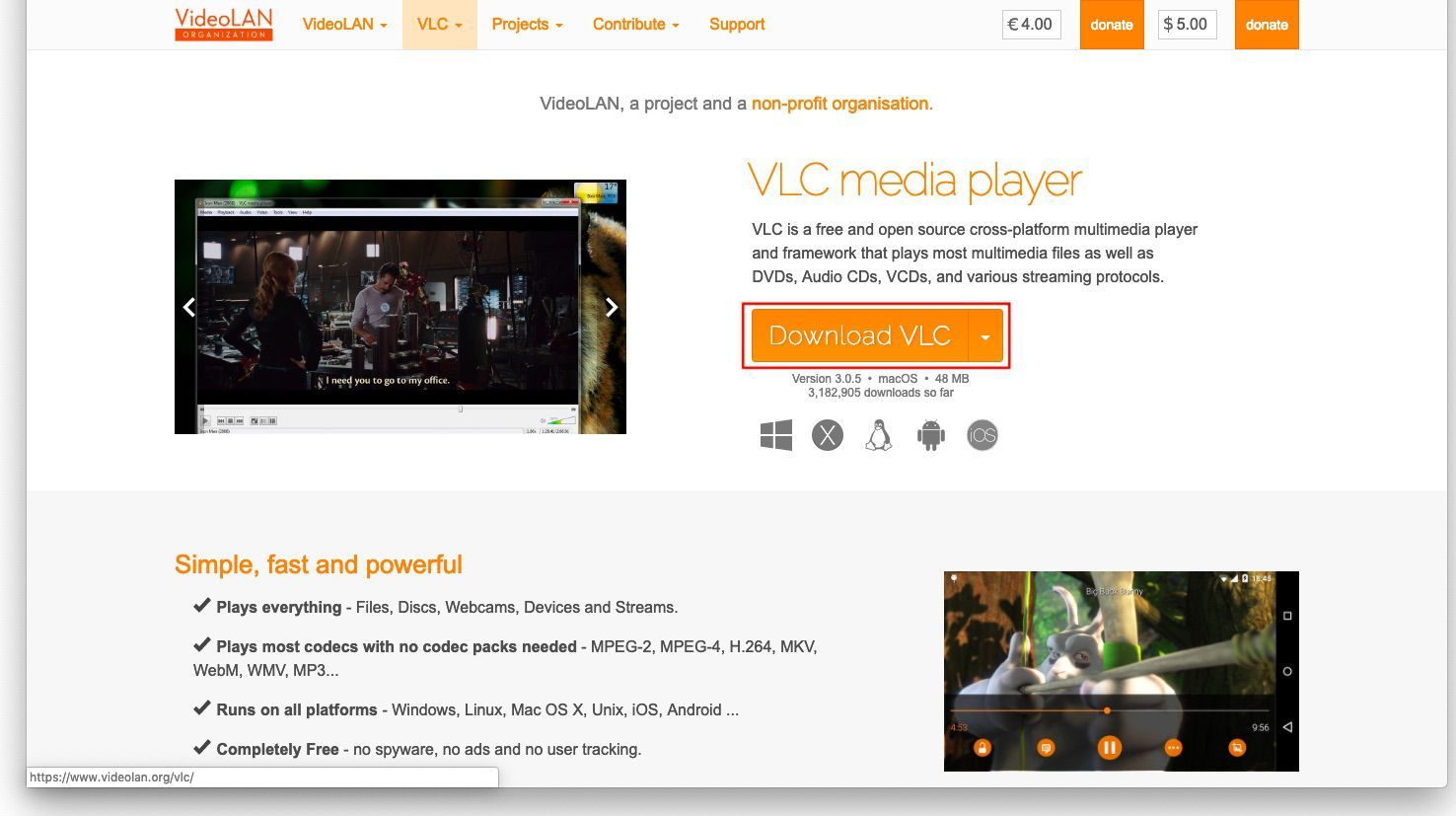 Снимок экрана веб-сайта VLC с выделенной кнопкой Download VLC.