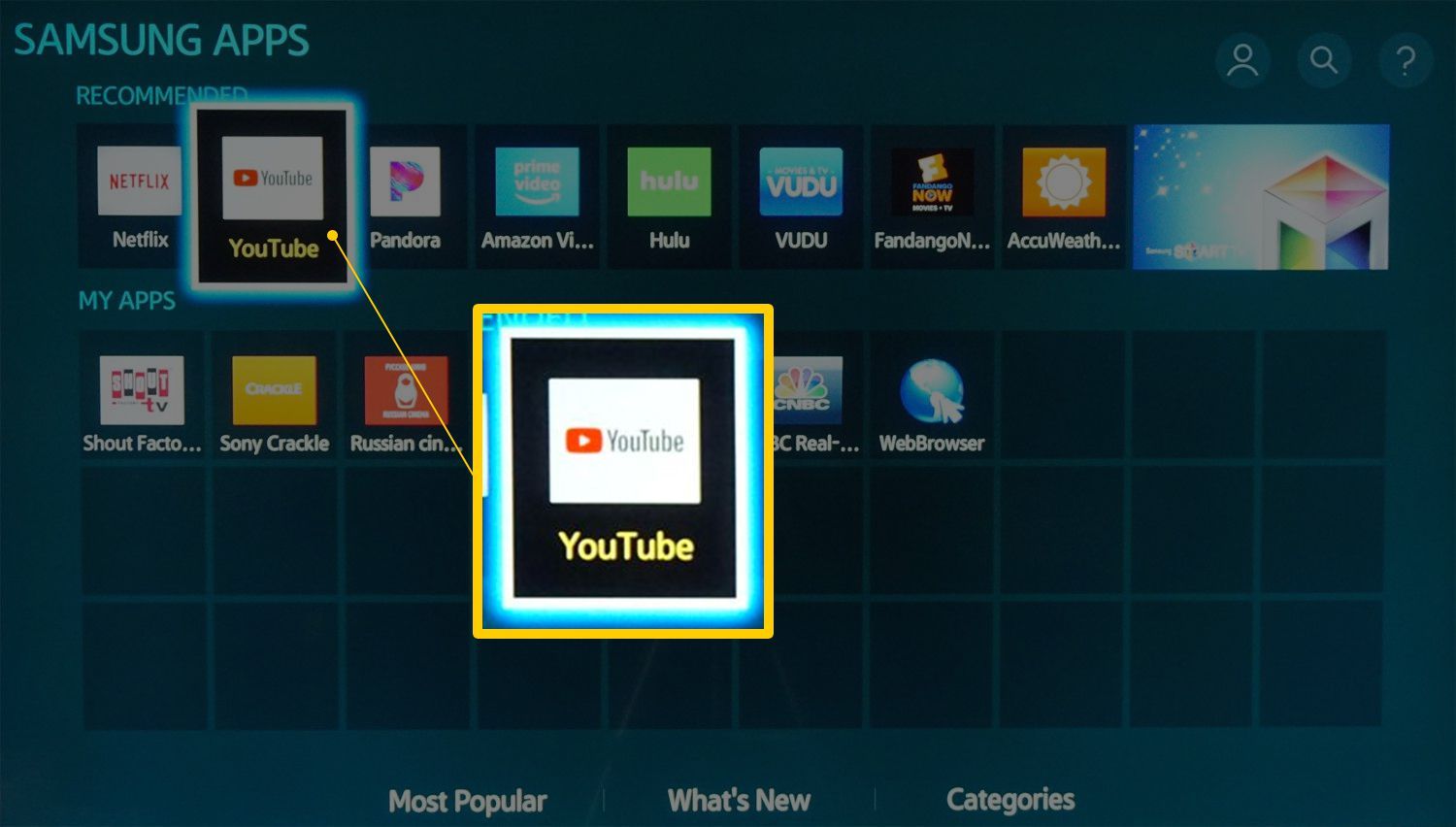 Снимок экрана приложения YouTube на Samsung Smart TV