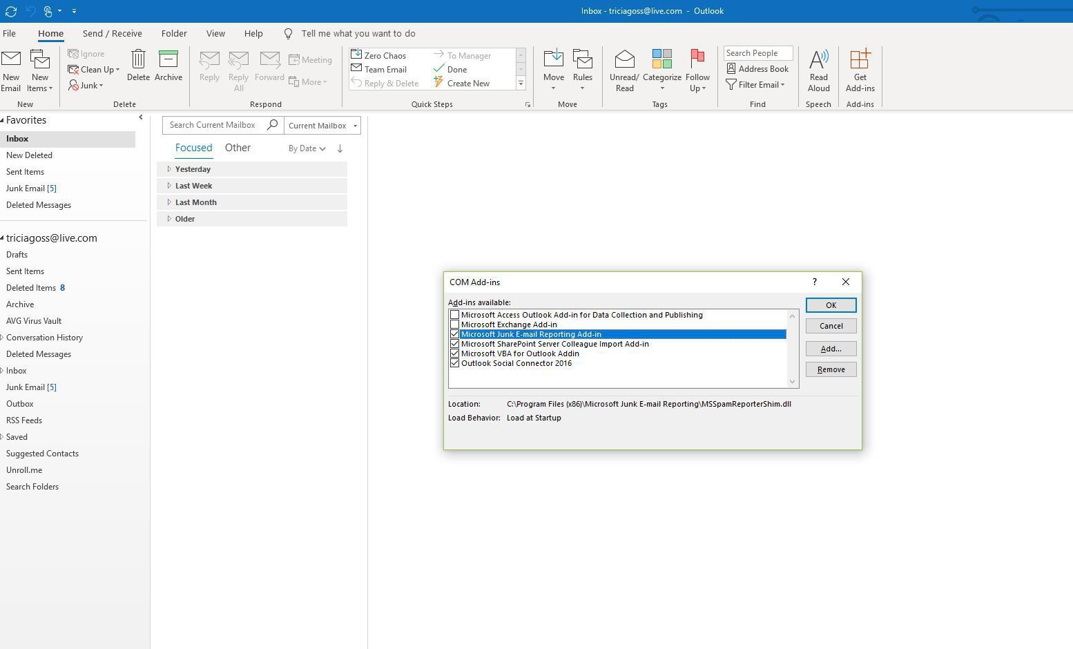 Снимок экрана: флажок надстройки для создания отчетов о нежелательной почте Microsoft