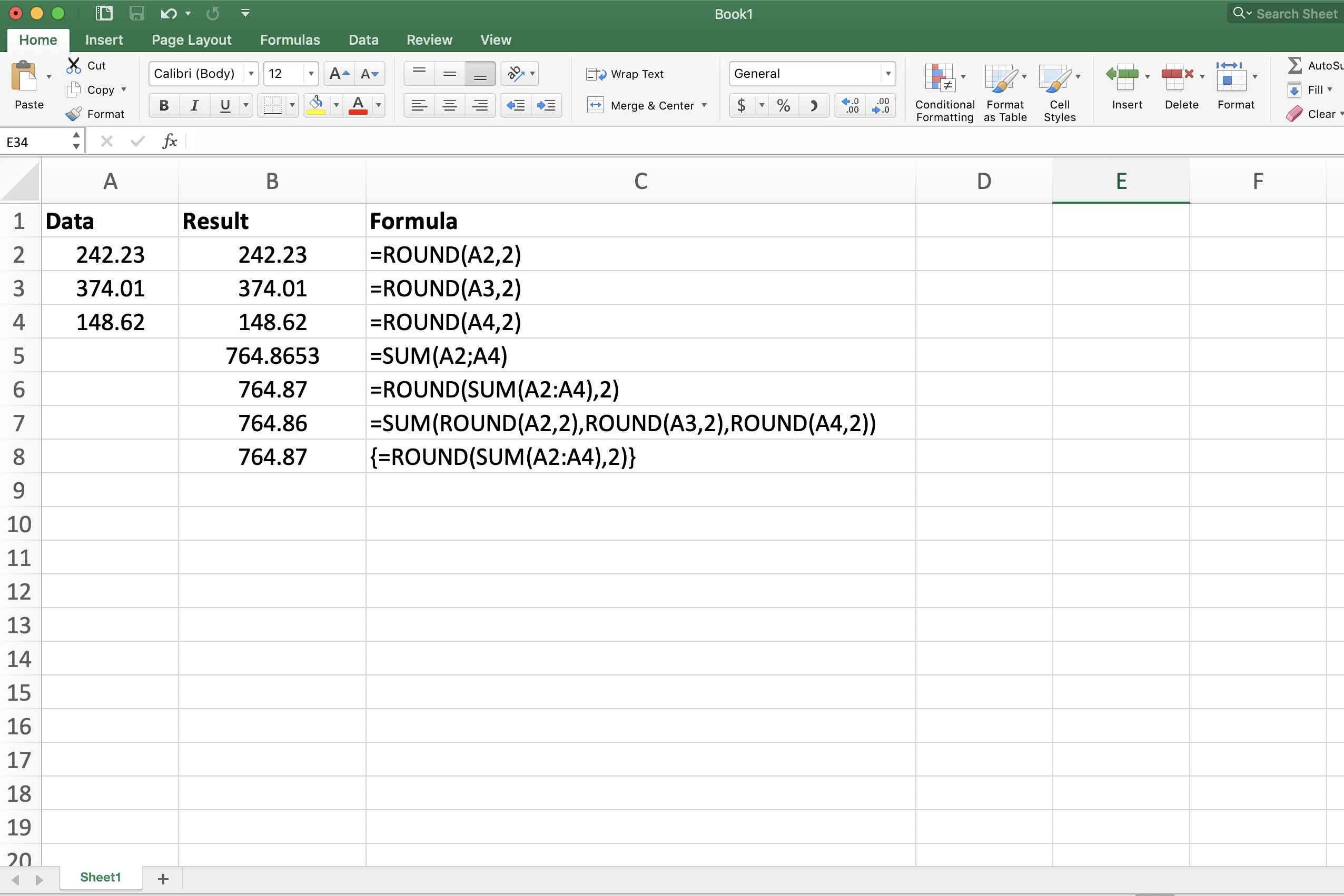 Снимок экрана Microsoft Excel с комбинированными функциями
