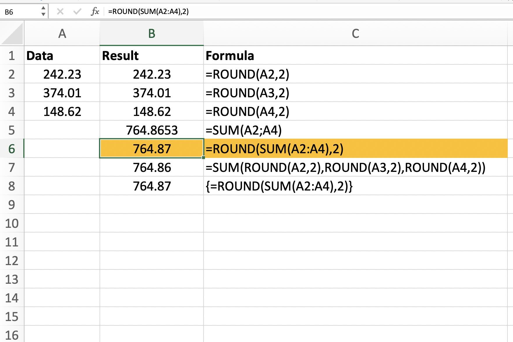Снимок экрана Microsoft Excel, объединяющий функции SUM и ROUND.
