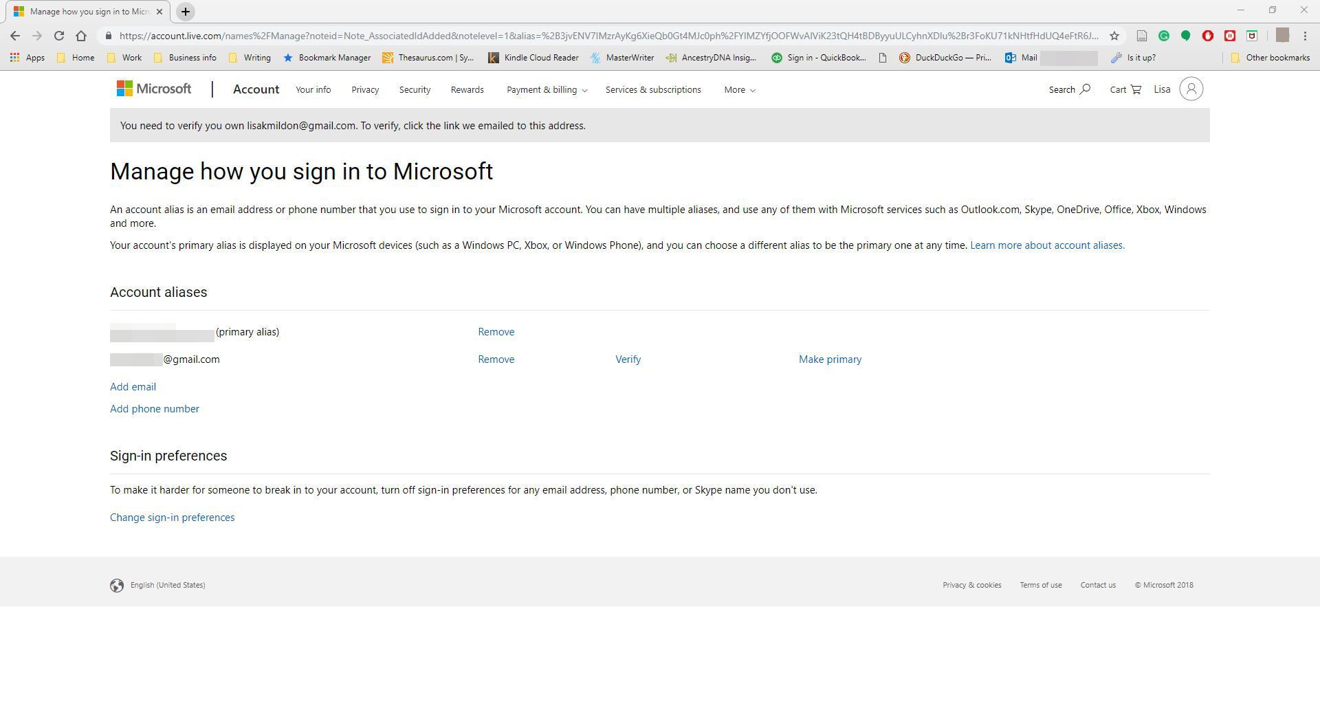 Веб-сайт учетной записи Microsoft, на котором отображается добавленный снимок экрана с псевдонимом