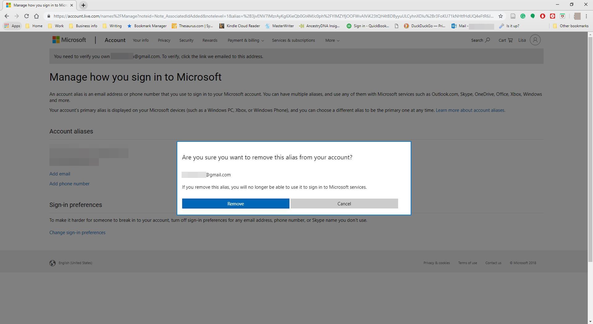 Подтверждение удаления псевдонима в скриншоте Microsoft
