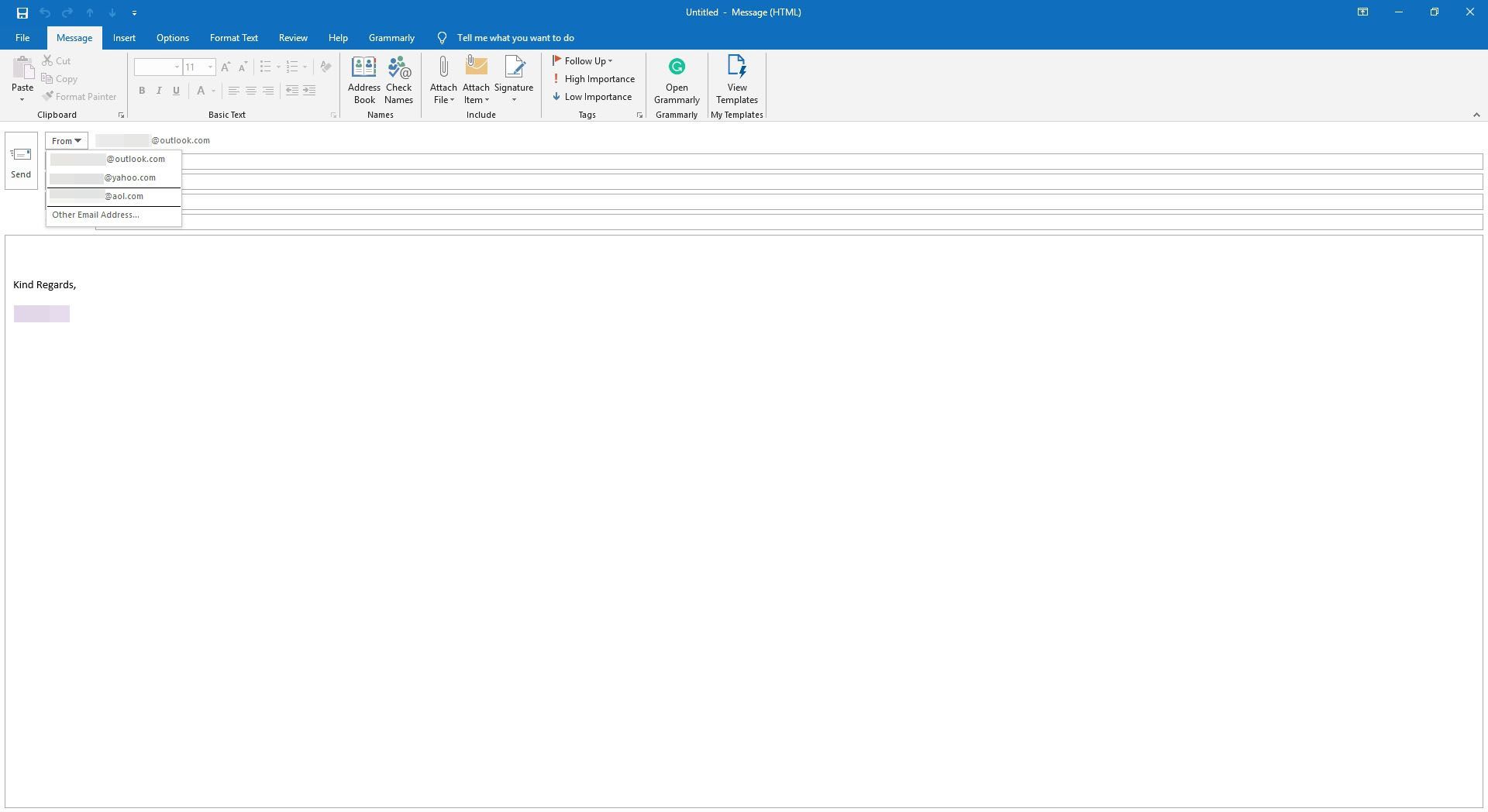 Выбор адреса электронной почты для отправки в Outlook.