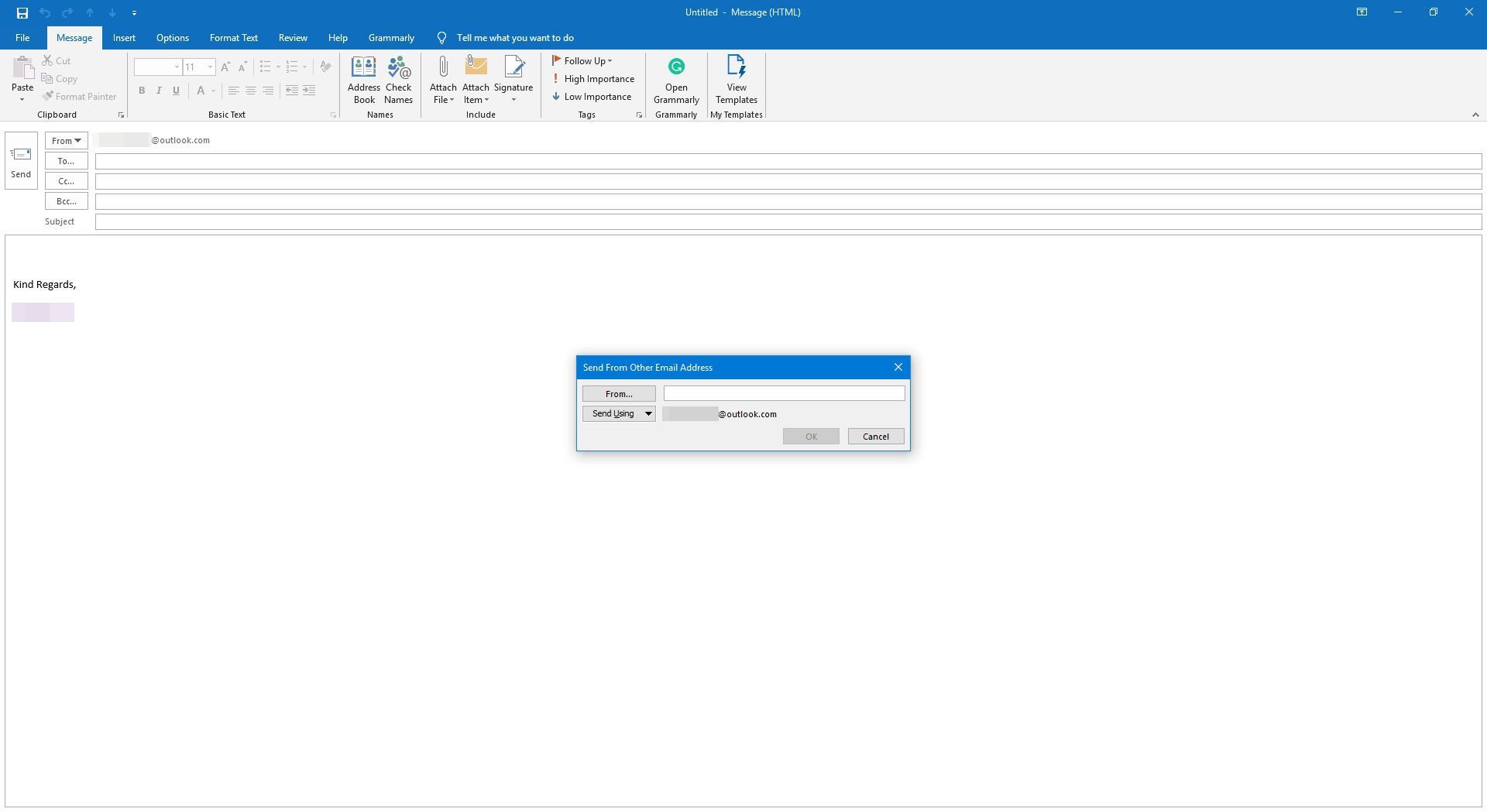 Диалоговое окно «Отправить с другого адреса электронной почты» в Outlook.