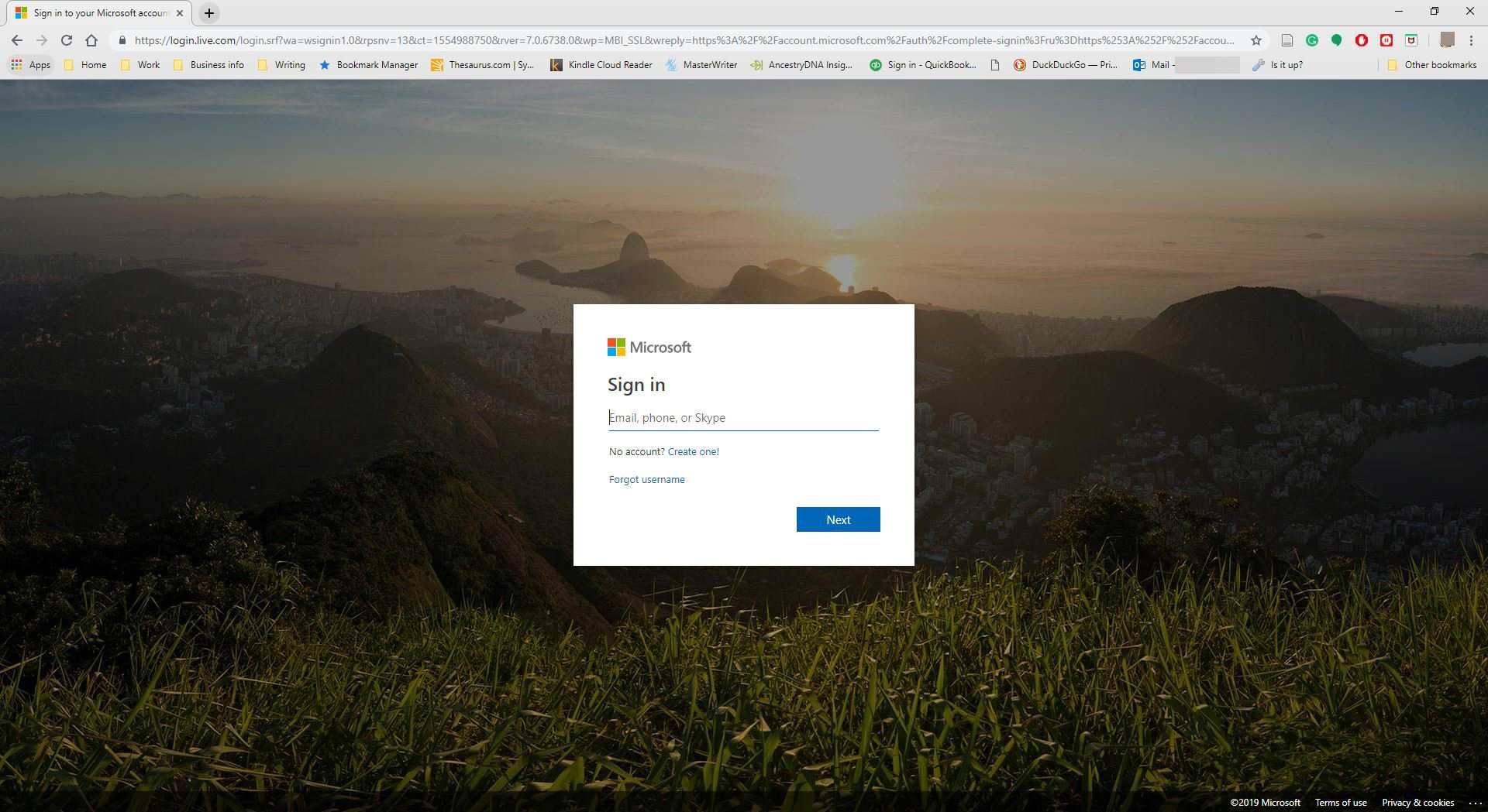 Скриншот веб-страницы входа в учетную запись Microsoft