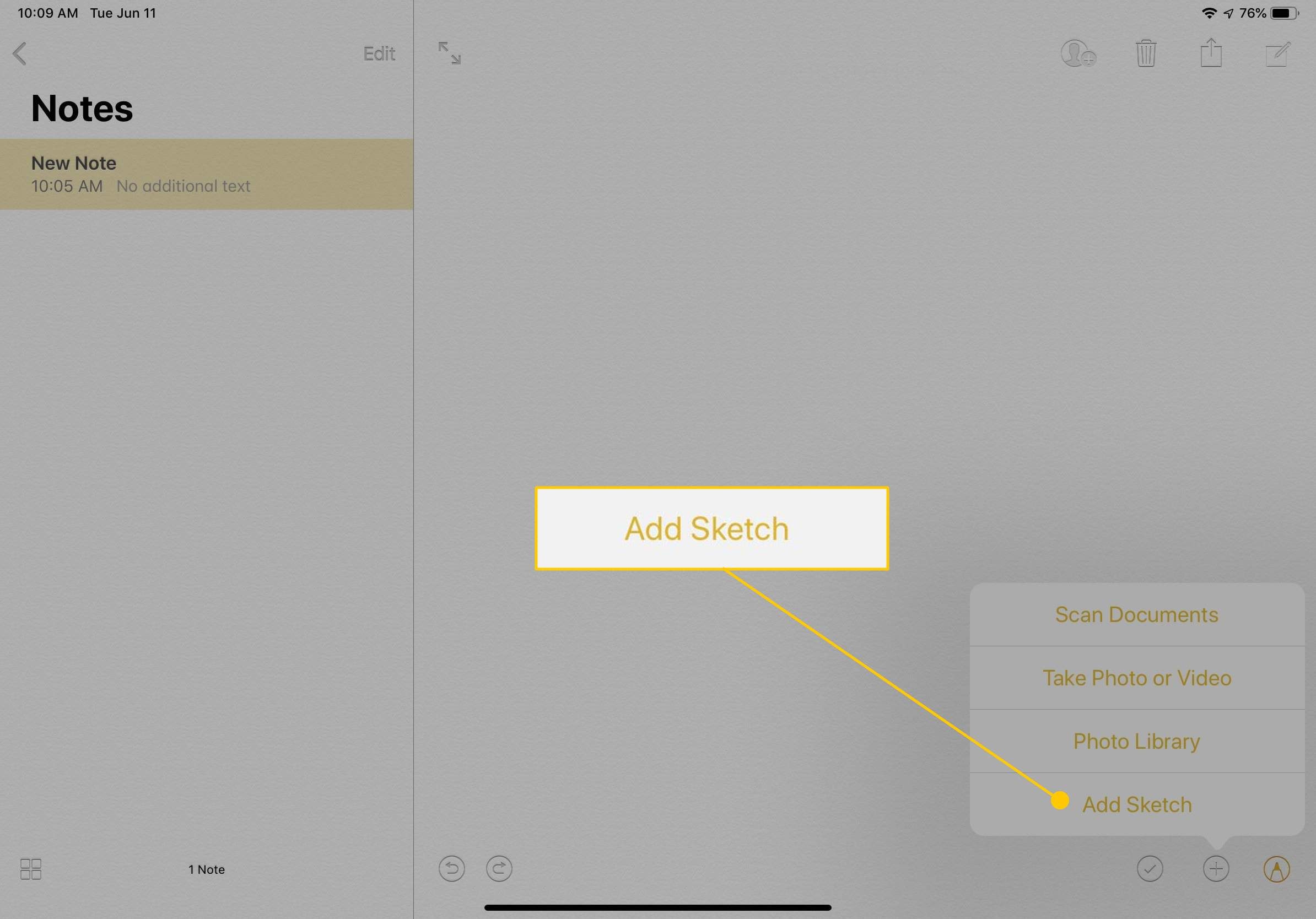 Кнопка «Добавить эскиз» в iOS Notes