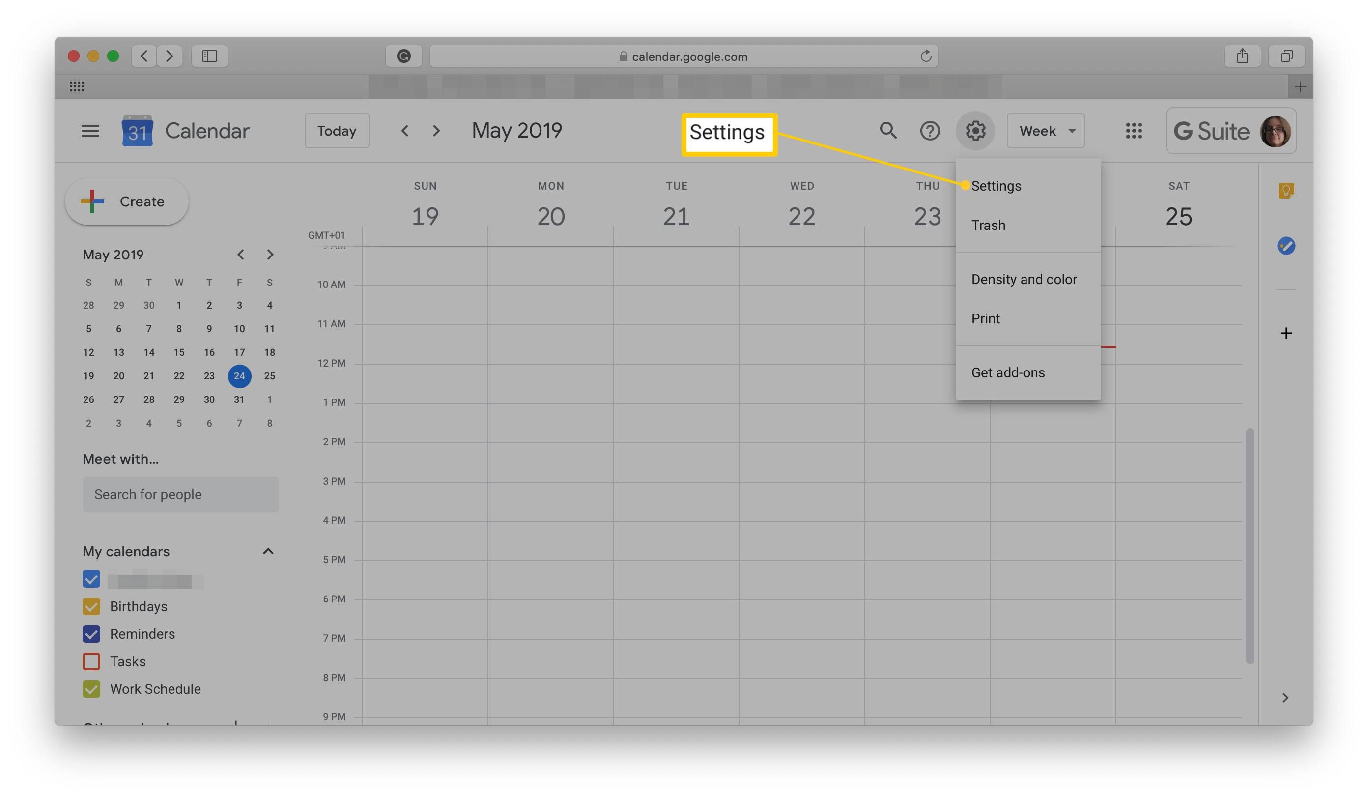 Экран Календаря Google с выделенными настройками