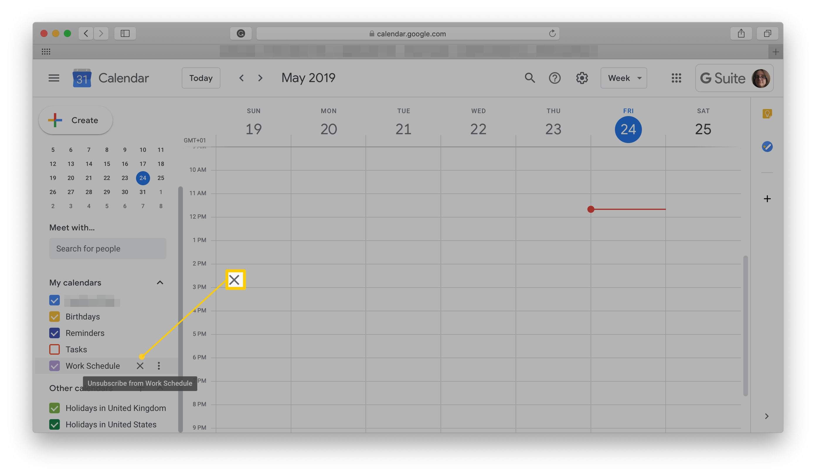 Экран Календаря Google с подсветкой отписки от календаря