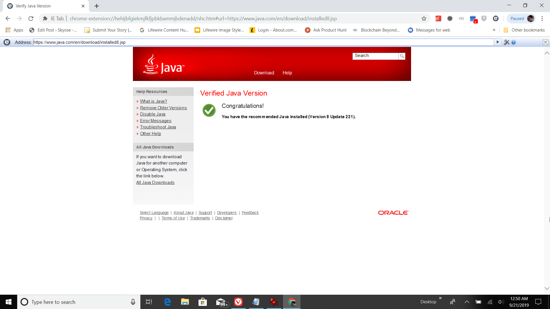 Снимок экрана успешного теста версии Java