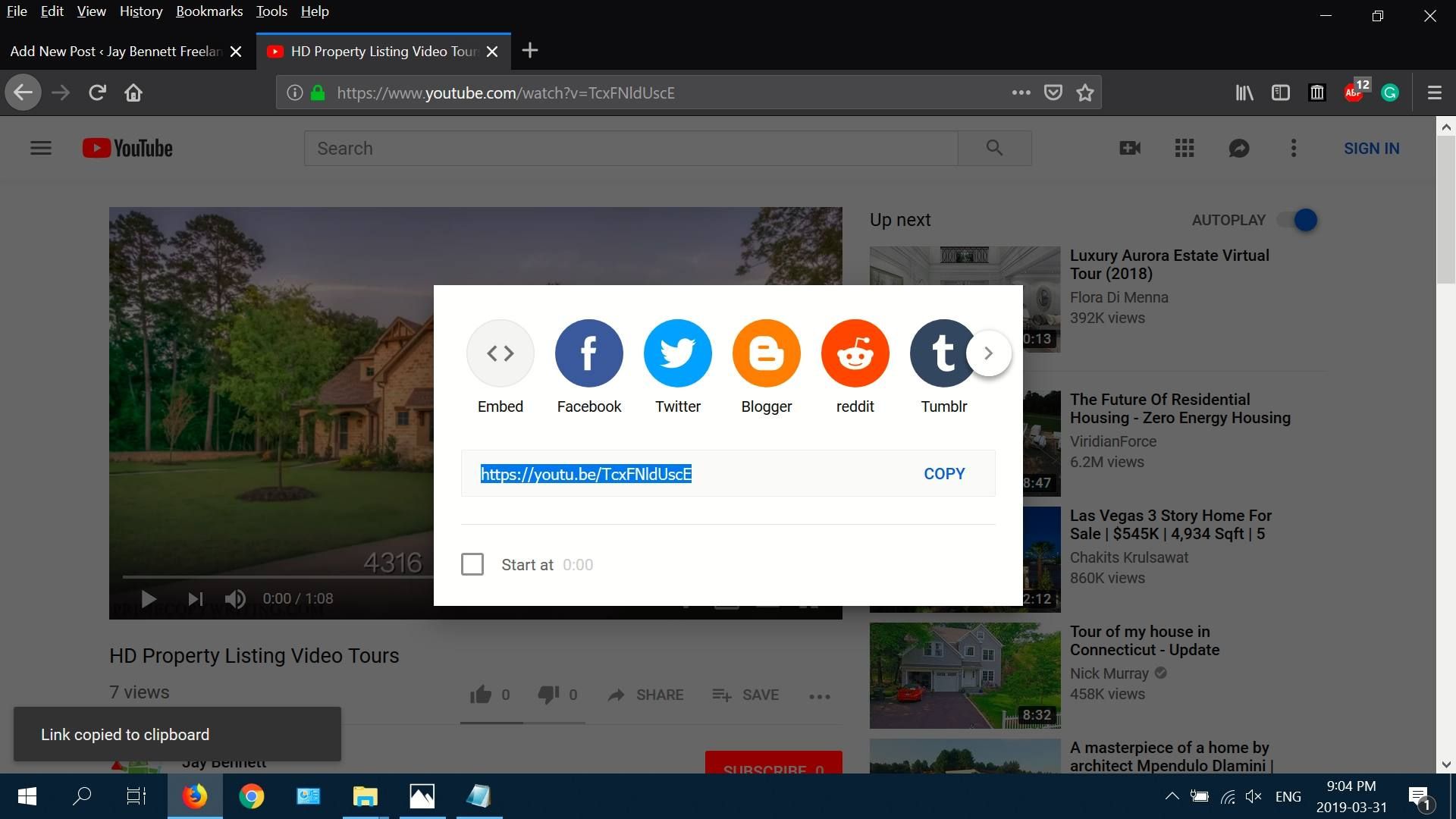 Снимок экрана, показывающий YouTube's sharing options.