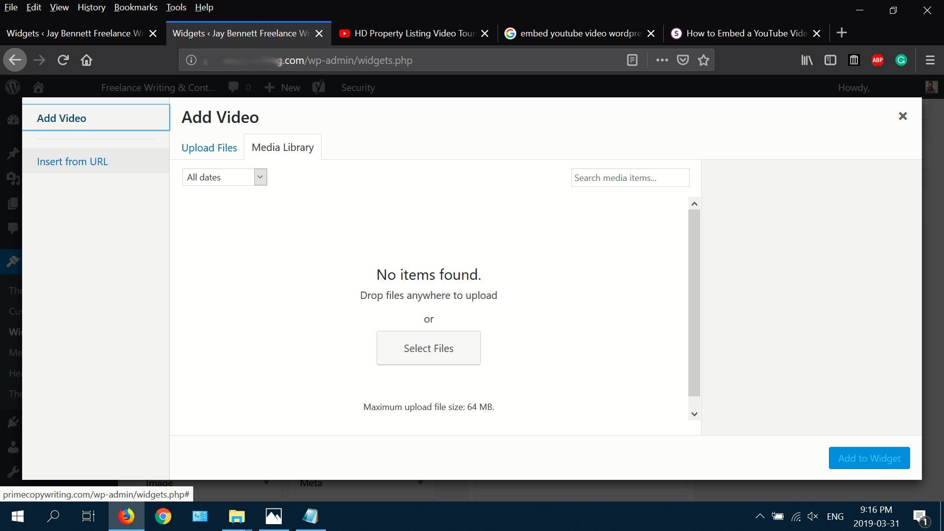 Скриншот опции добавления видео в WordPress.