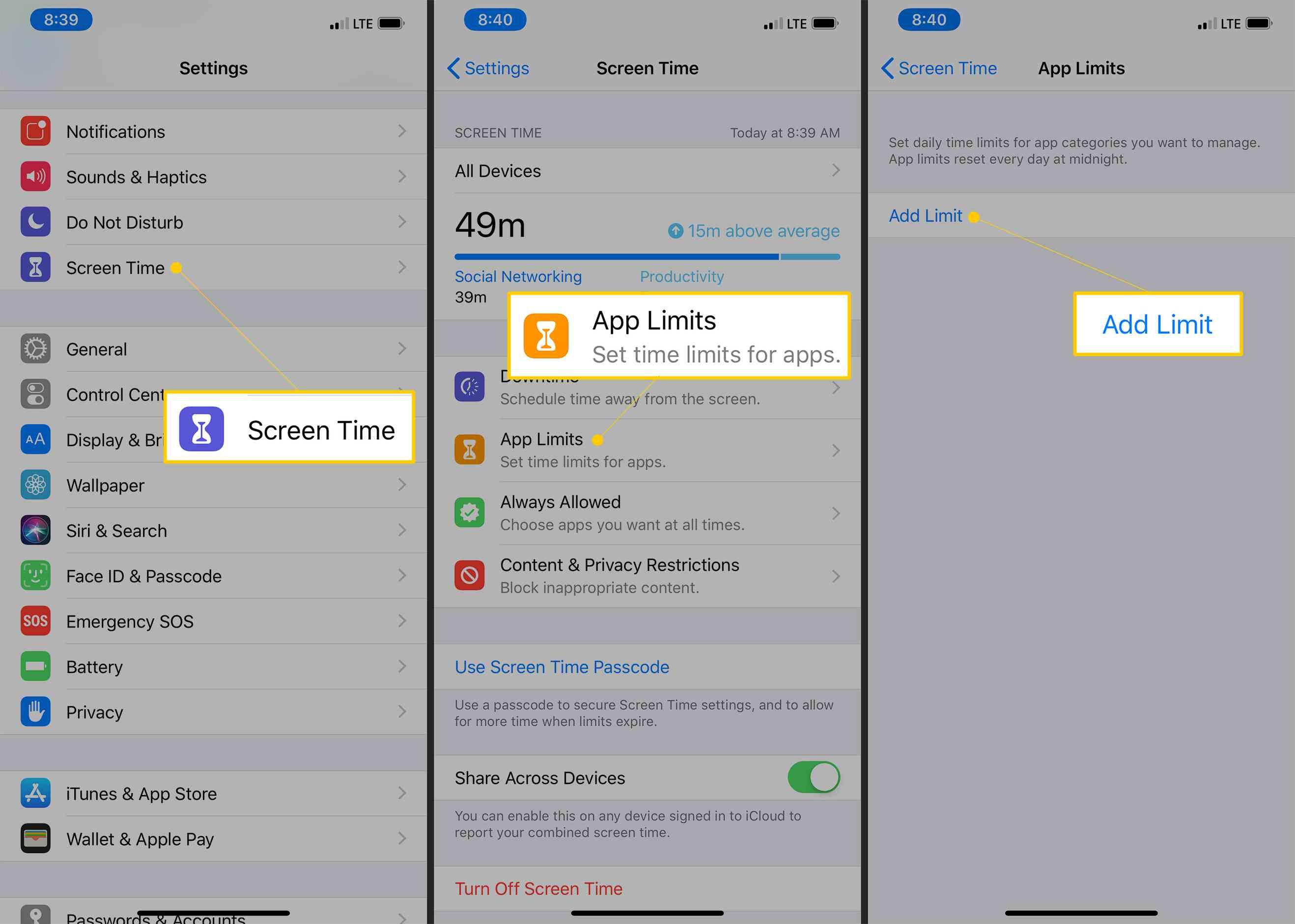 Время экрана, ограничения приложений, кнопки добавления ограничений в настройках iOS