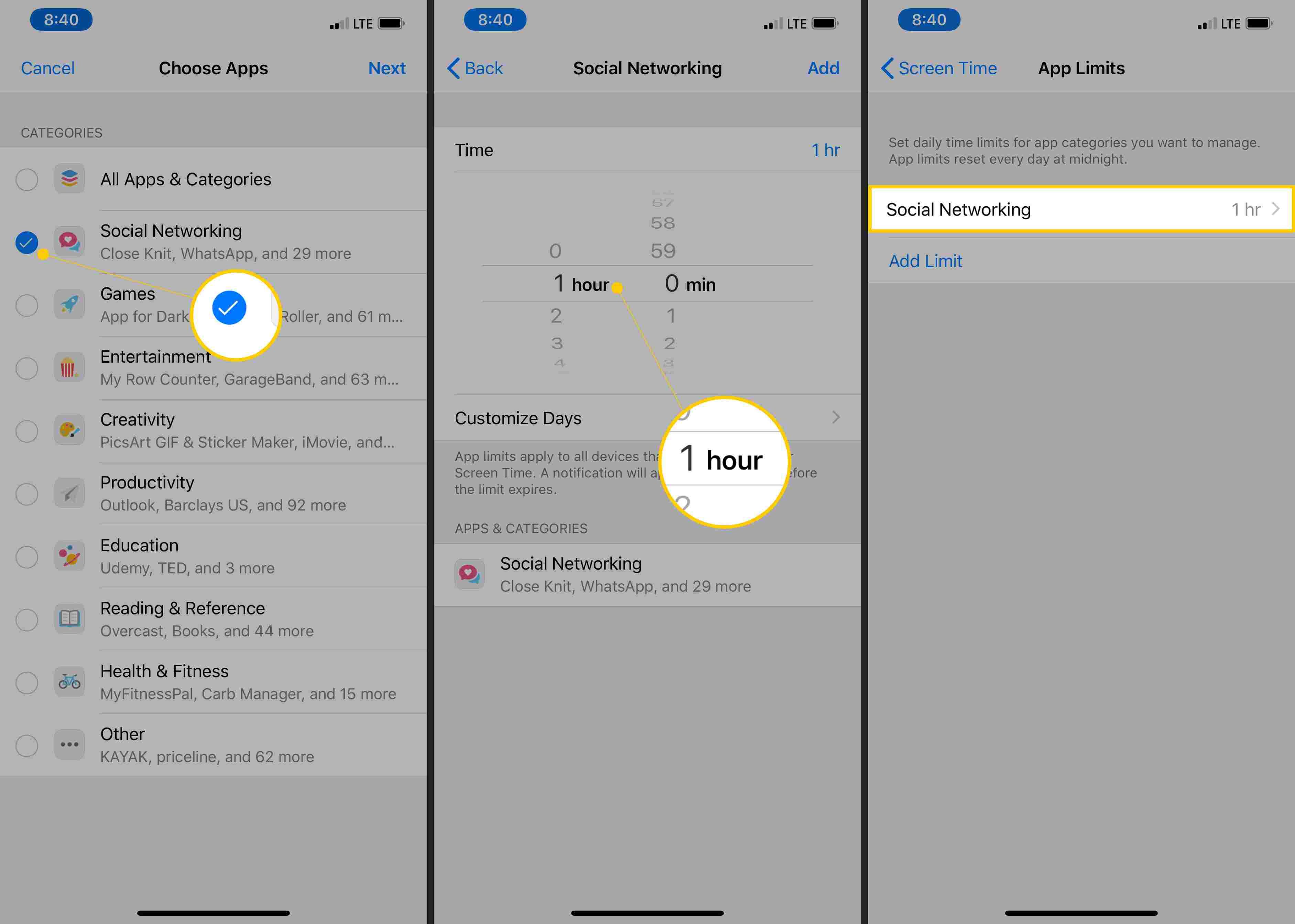 Флажок, ограничения по времени и список ограничений приложений в настройках iOS