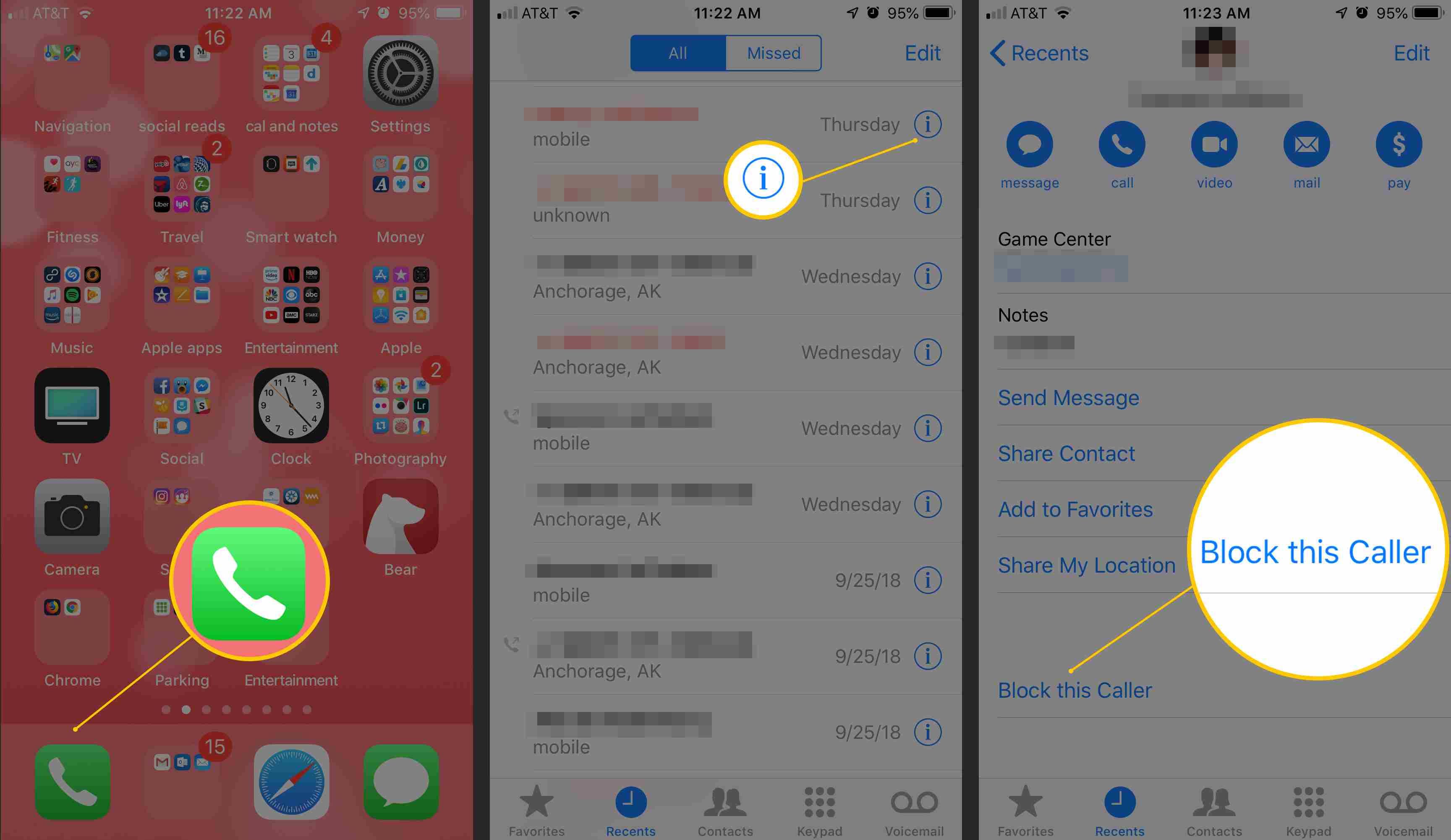 Три снимка экрана iOS с приложением «Телефон», кнопкой «Информация» и опцией «Блокировать звонящего»