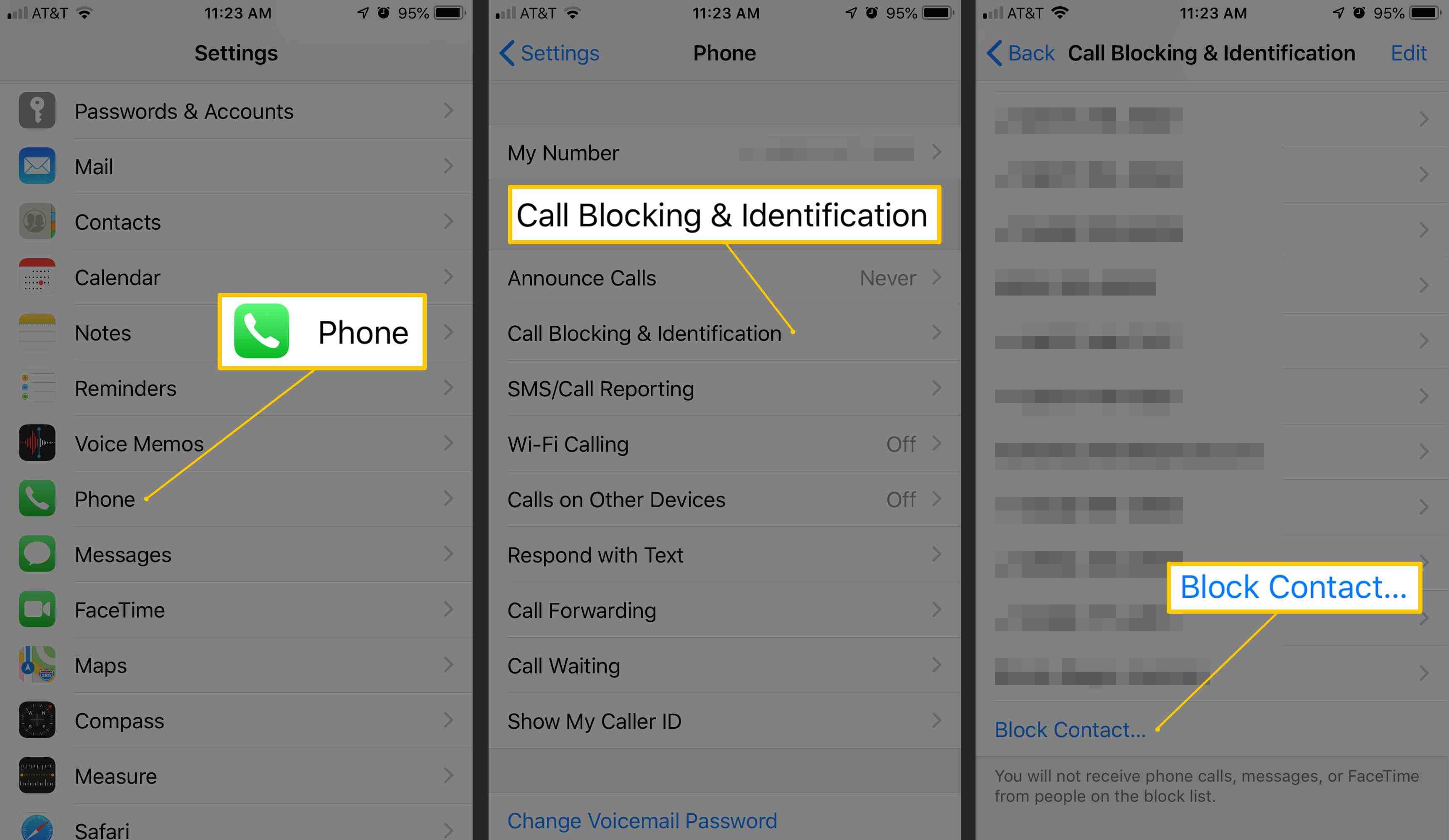 Три экрана iOS с настройками, значком телефона, блокировкой вызовов и идентификацией, а также кнопкой блокировки контакта
