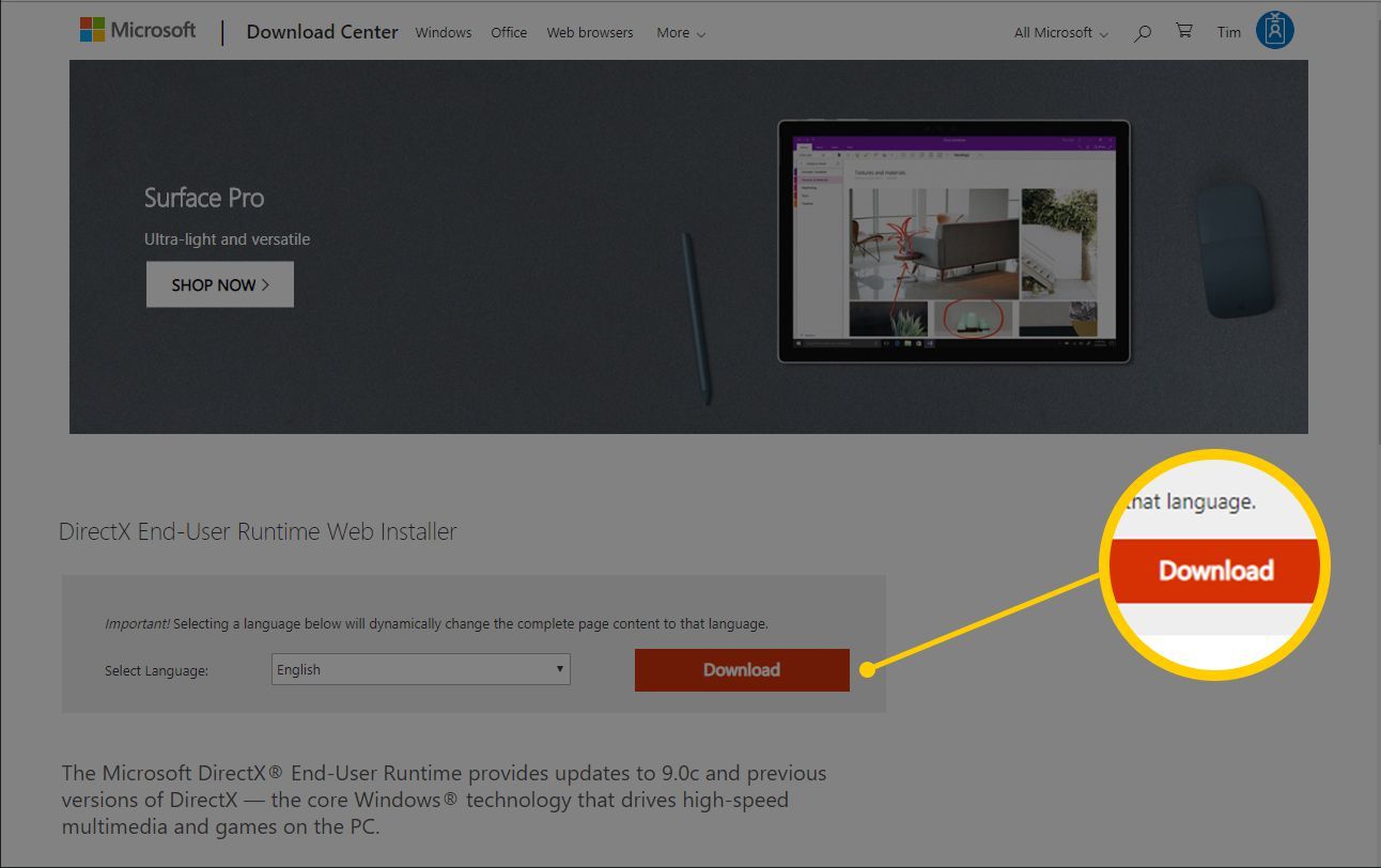 Снимок экрана со страницей загрузки DirectX в Интернете