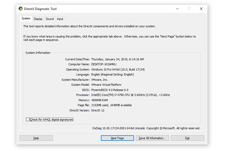 Диагностический инструмент DirectX в Windows 10