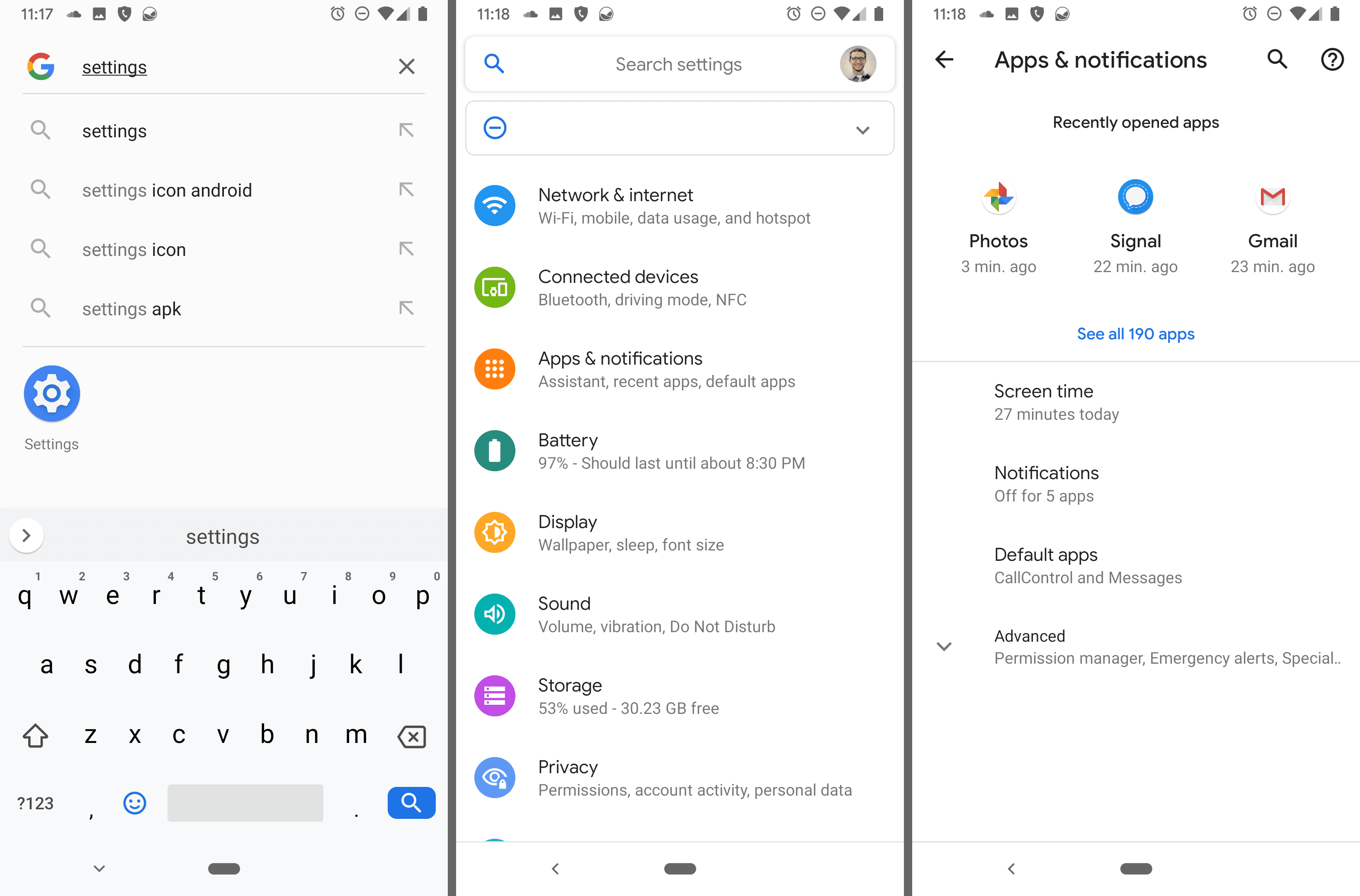 Настройки, приложения и экраны уведомлений в Google Pixel