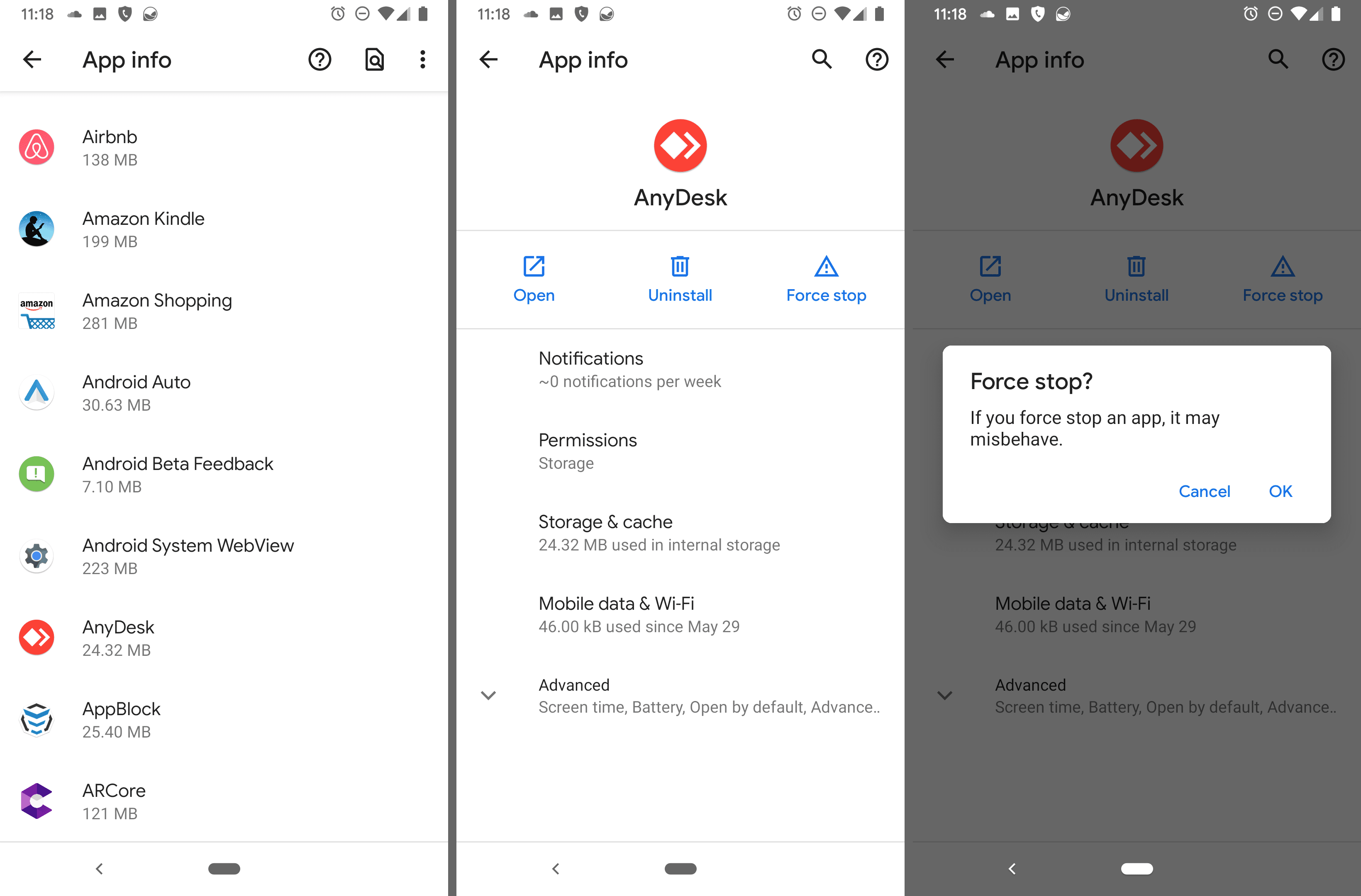 Информация о приложении и экраны принудительной остановки в Google Pixel