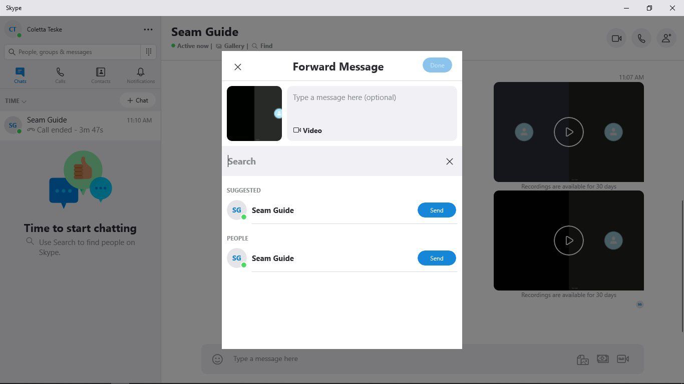 Снимок экрана с окном «Переслать сообщение» в Skype, показывающий, где можно выбрать людей, с которыми можно поделиться записанным звонком Skype