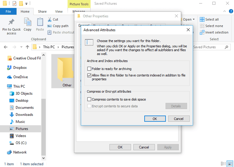 Расширенные атрибуты папок в Windows 10