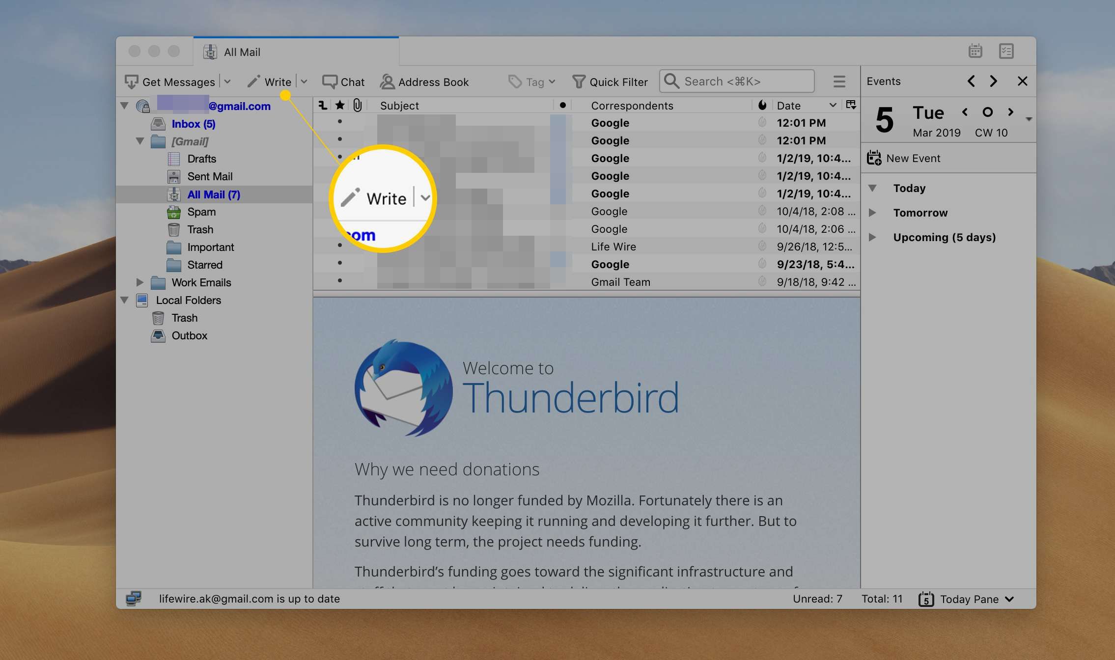 Кнопка записи в Thunderbird для создания нового электронного письма