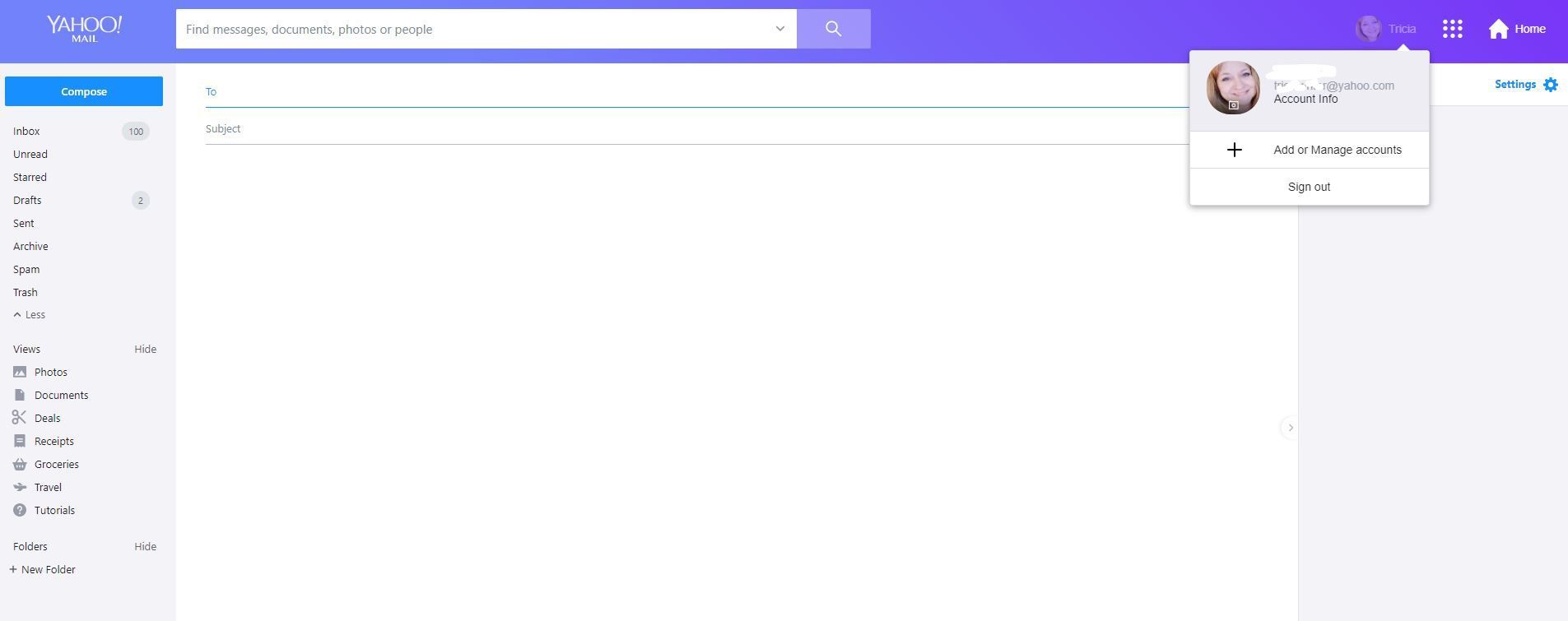 Снимок экрана основной электронной почты в Yahoo Mail