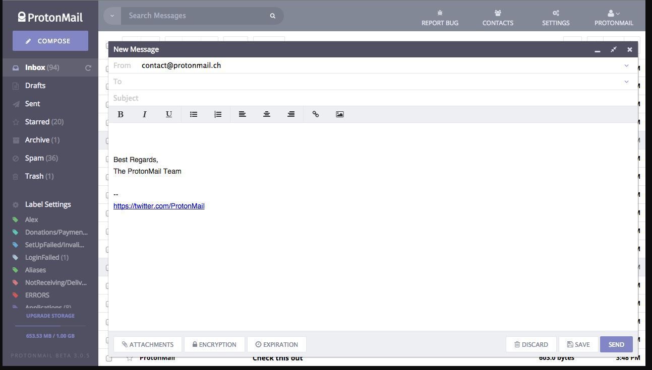 Скриншот Compose в ProtonMail