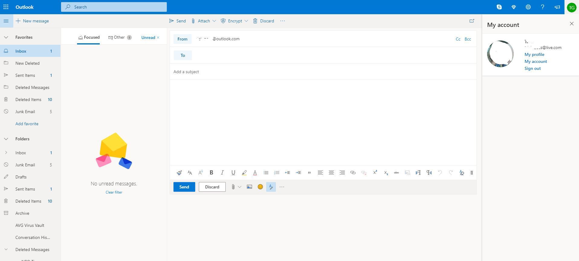 Снимок экрана основной электронной почты в Outlook Mail онлайн